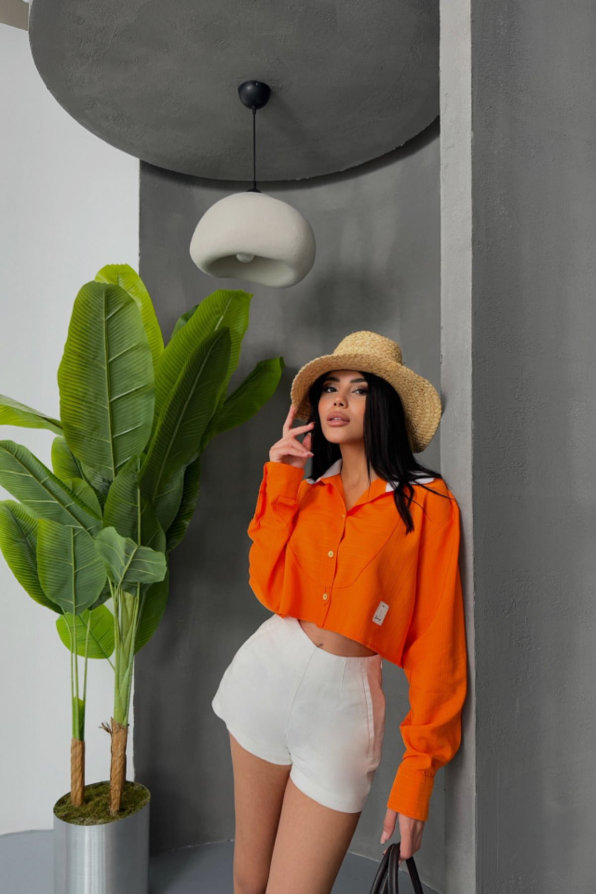 DEAG CROP GÖMLEK BEYAZ YAKA VE ETİKET DETAYLI - Orange