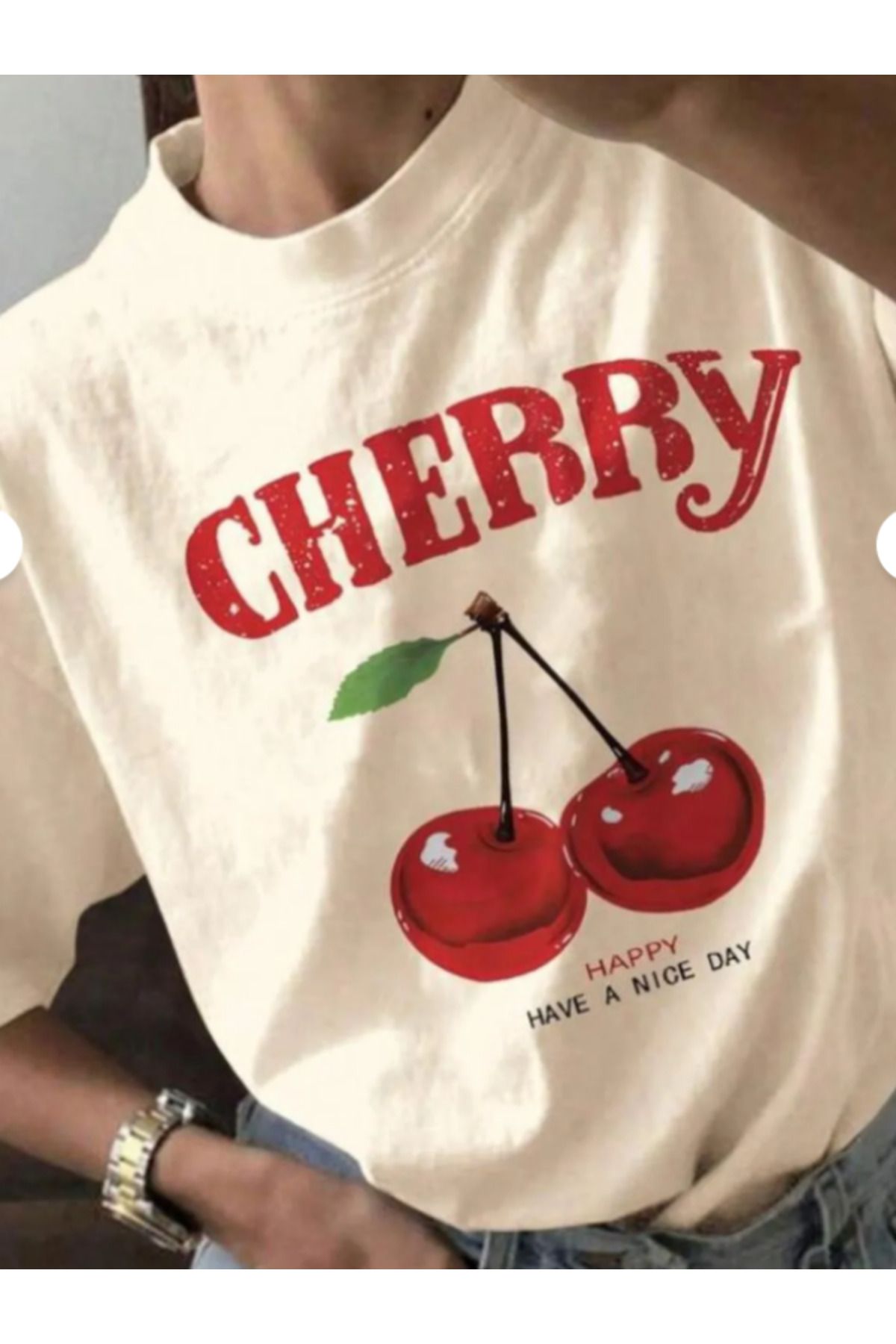 ButikHabush Kadın Kiraz Desenli Sarı T-Shirt