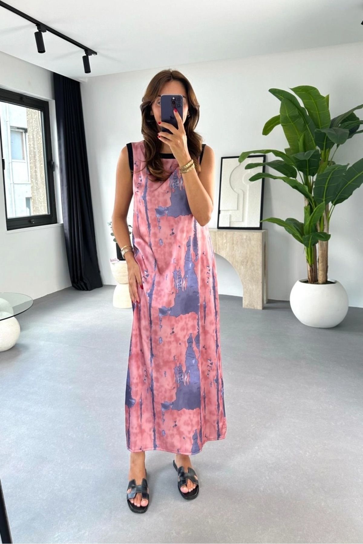 Kese Fashion Store Kadın Pembe Lila Yaka Ribanalı Yırtmaçlı Uzun Elbise