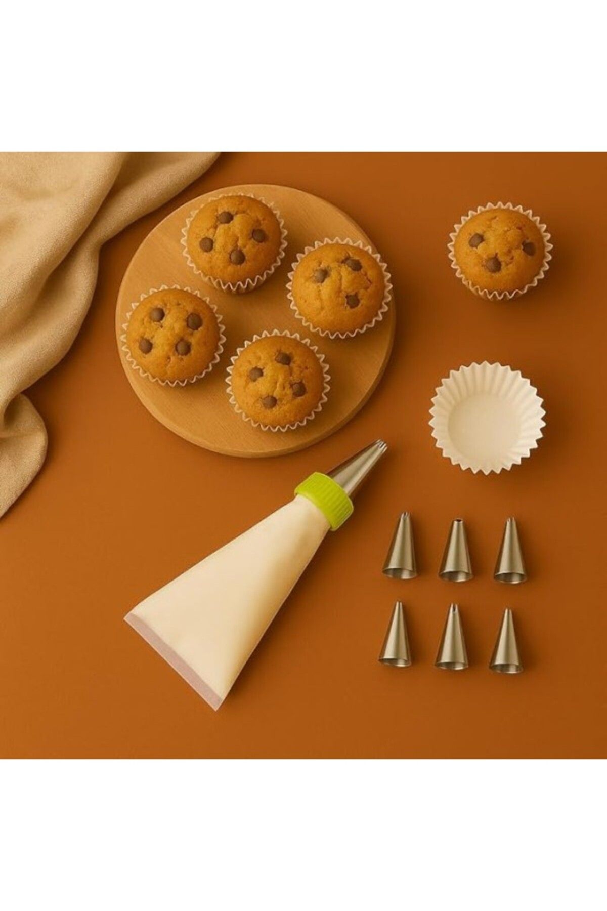 ShopZum Vios Store Krema Sıkma Torbası Seti (9 Çelik Uç + 100&Apos;Lü Renkli Muffin Kağıdı) – Pasta Süsleme