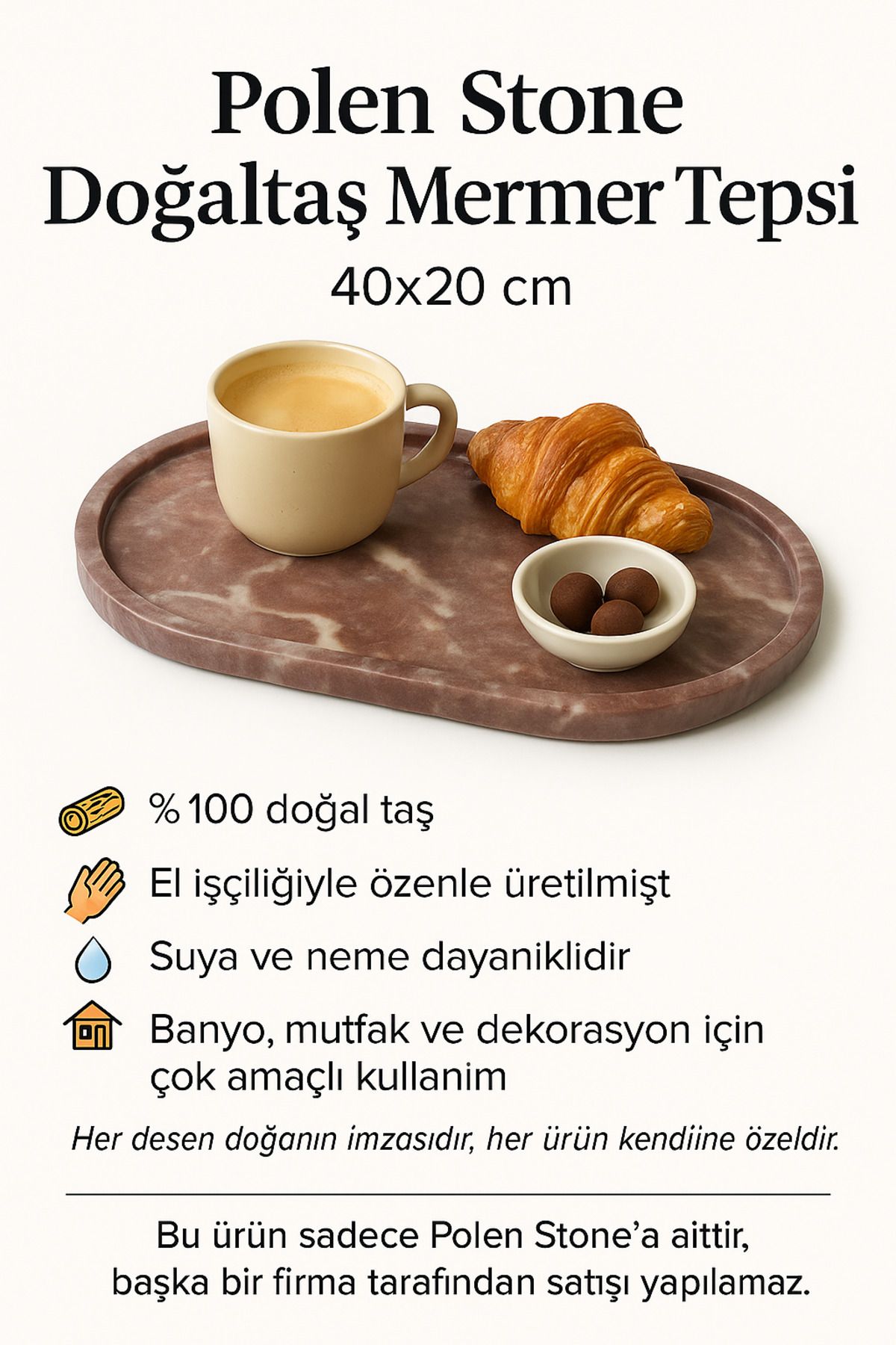 Polen Stone 40x20 cm Doğaltaş Mermer Sunum Tepsisi