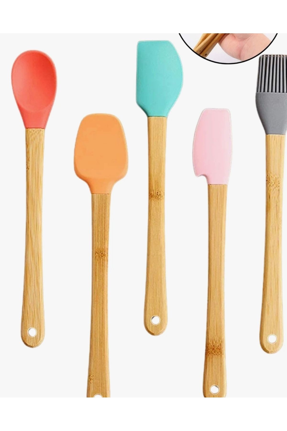 holy 5 Parça Bambu Saplı Renkli Spatula Ucu Slikon Renkli Spatula Fırça