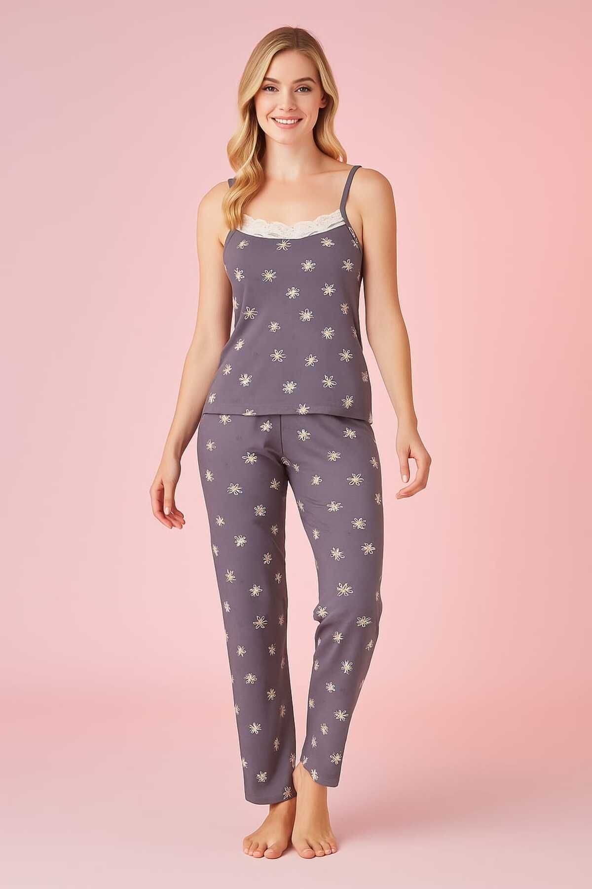 unbranded Gri Dantel Detaylı Askılı Papatya Desenli Uzun Pijama Takımı