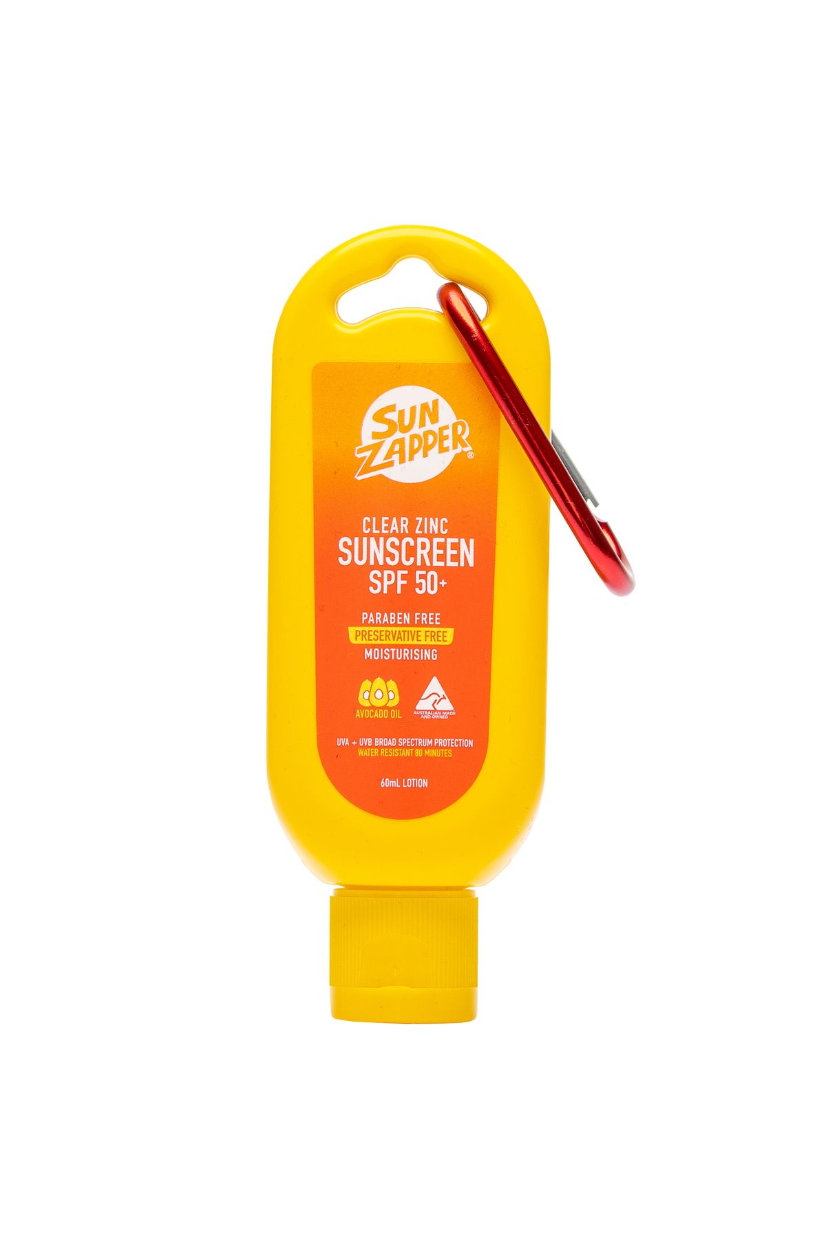 Sun Zapper Clear Zinc Sunscreen Lotion SPF50+ 60ml 'Carabiner clip'