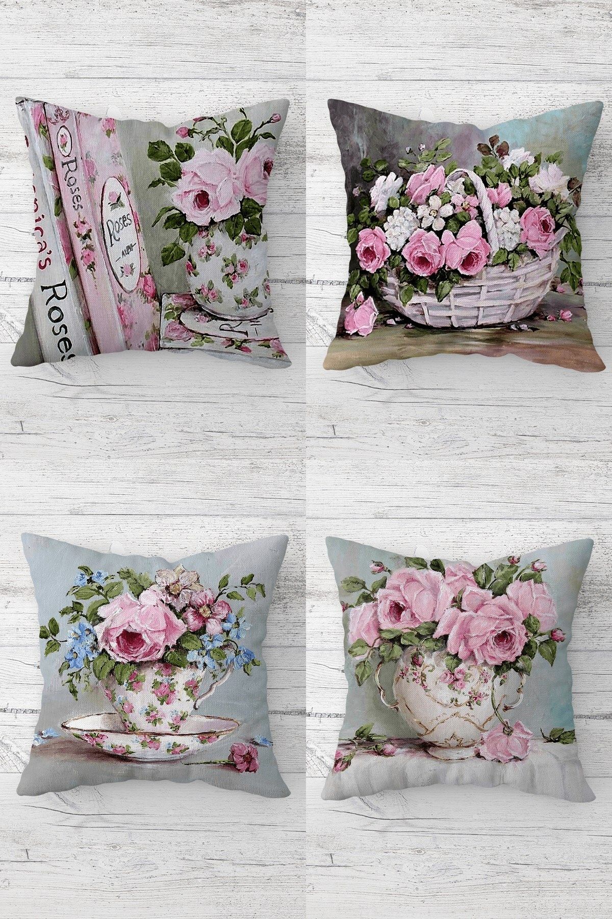 MENTEŞ HOME Gül Buketleri Vintage Kombin Gizli Fermuarlı Kırlent Kılıfı Koltuk Yastık Kılıfı Takım(4ADET)