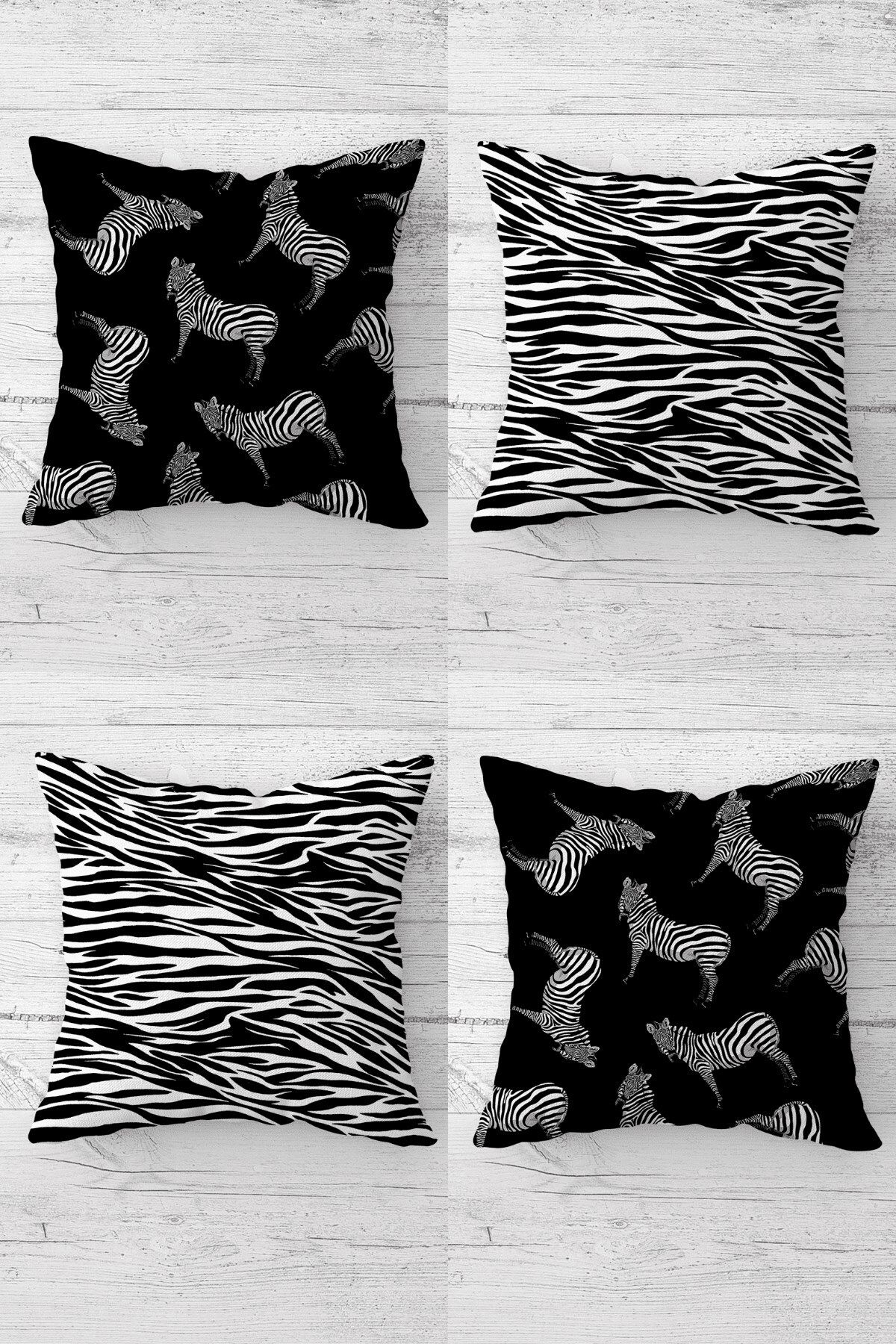 MENTEŞ HOME Zebra ve Zebra Çizgili Kombin Gizli Fermuarlı Kırlent Kılıfı Koltuk Yastık Kılıfı Takım(4ADET)
