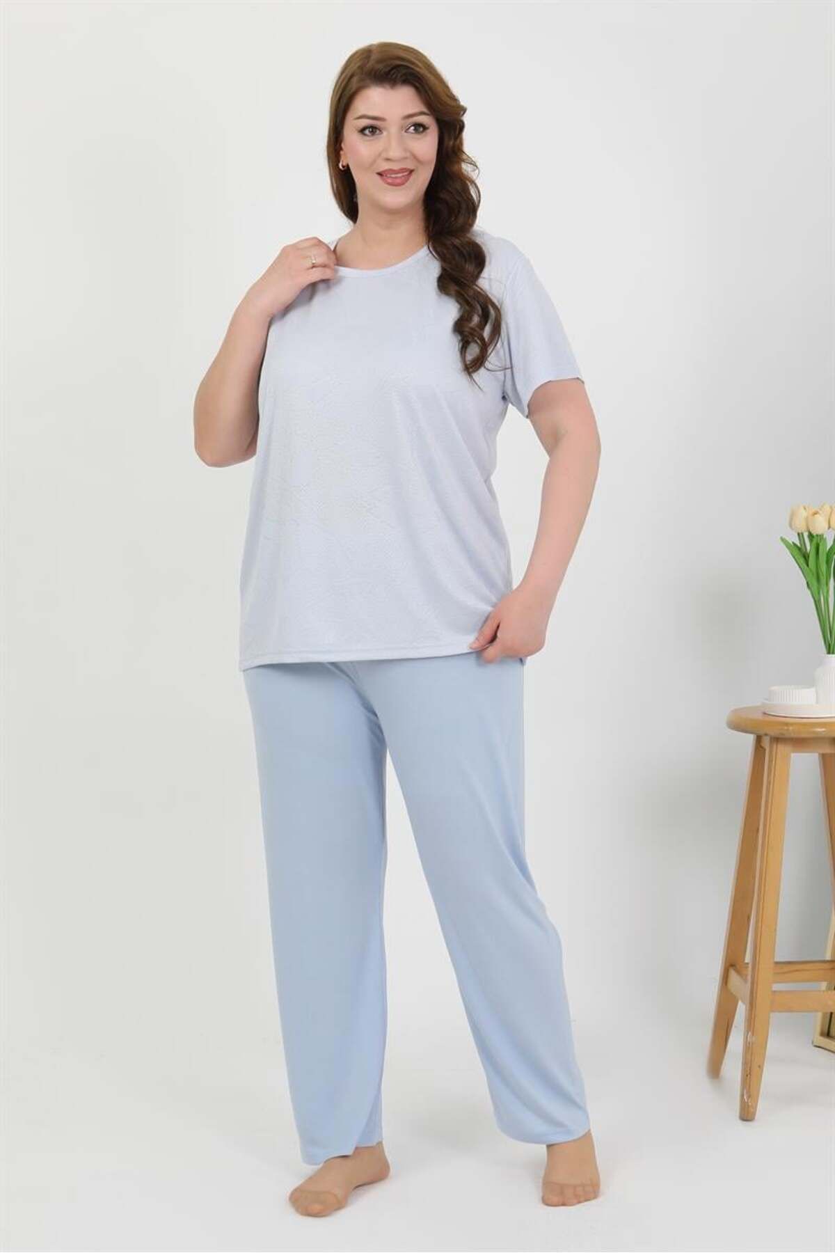modaserdem Akbeniz Kadın Büyük Beden Kısa Kol Penye Pijama Takımı Mavi 202510