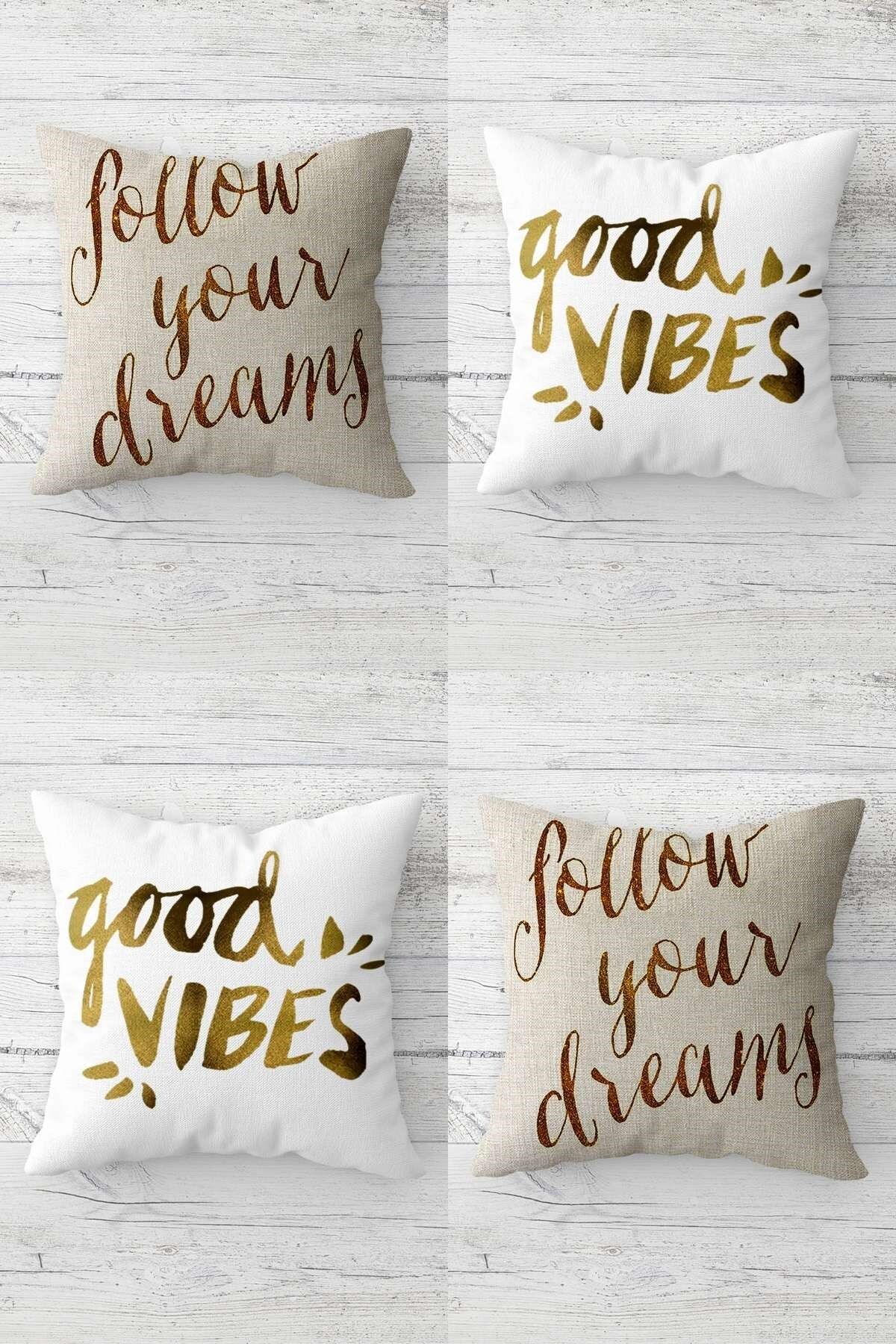 MENTEŞ HOME Follow Your Dreams Good Vibes Gizli Fermuarlı Kırlent Kılıfı Koltuk Yastık Kılıfı Takım(4ADET)