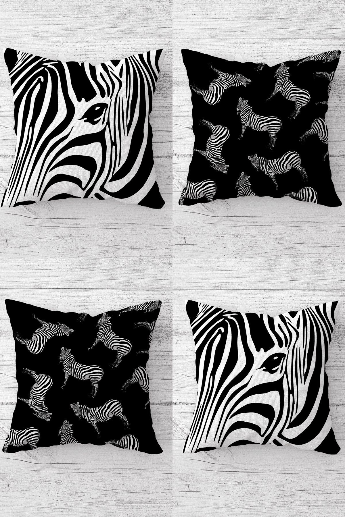 MENTEŞ HOME Zebra ve Zebra Çizgili Kombin Gizli Fermuarlı Kırlent Kılıfı Koltuk Yastık Kılıfı Takım(4ADET)