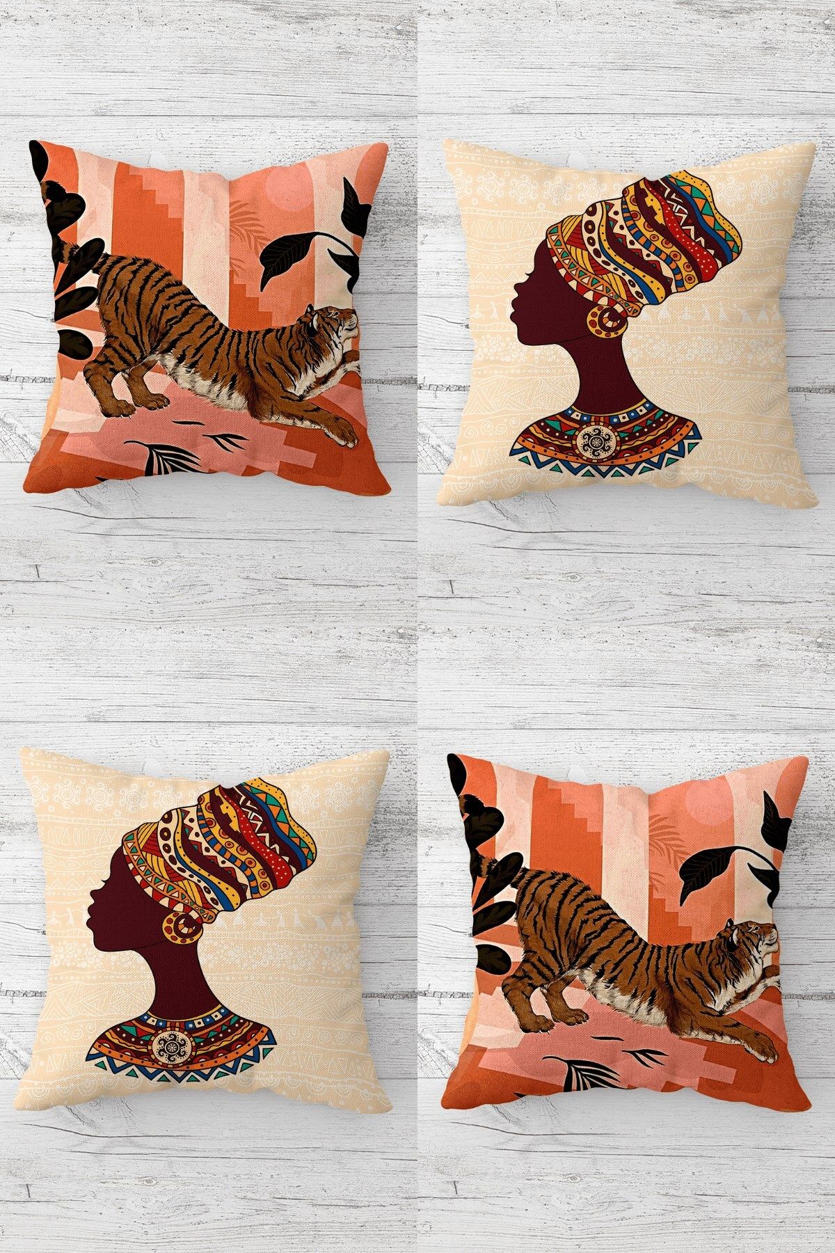 MENTEŞ HOME Leopar Desenli Afrikalı Siyahi Kadın Gizli Fermuarlı Kırlent Kılıfı Koltuk Yastık Kılıfı Takım4ADET