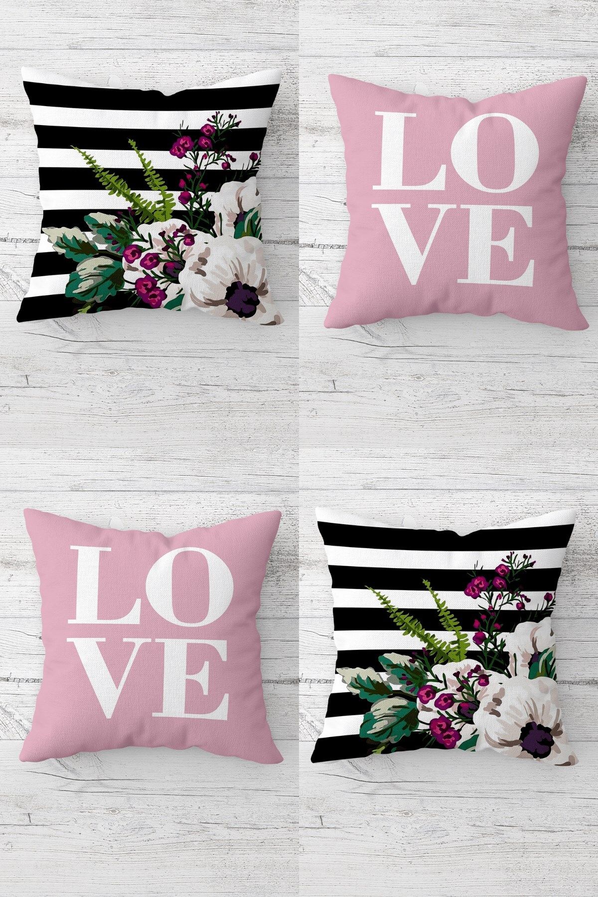 MENTEŞ HOME LOVE Yazılı ve Çiçekli Kombin Gizli Fermuarlı Kırlent Kılıfı Koltuk Yastık Kılıfı Takım(4ADET)