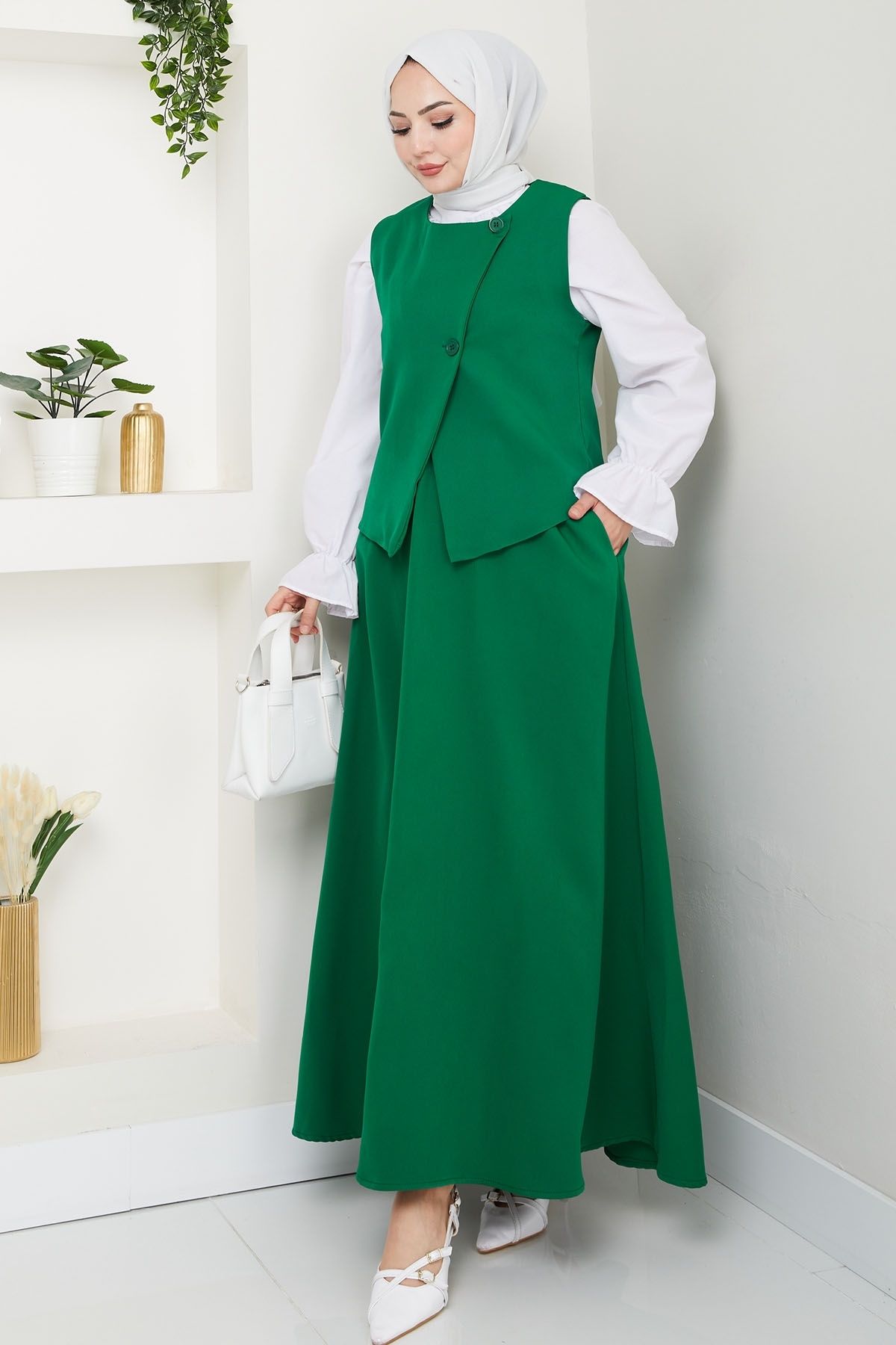 InStyle Asimetrik Yelekli ikili Takım Zümrüt Yeşili