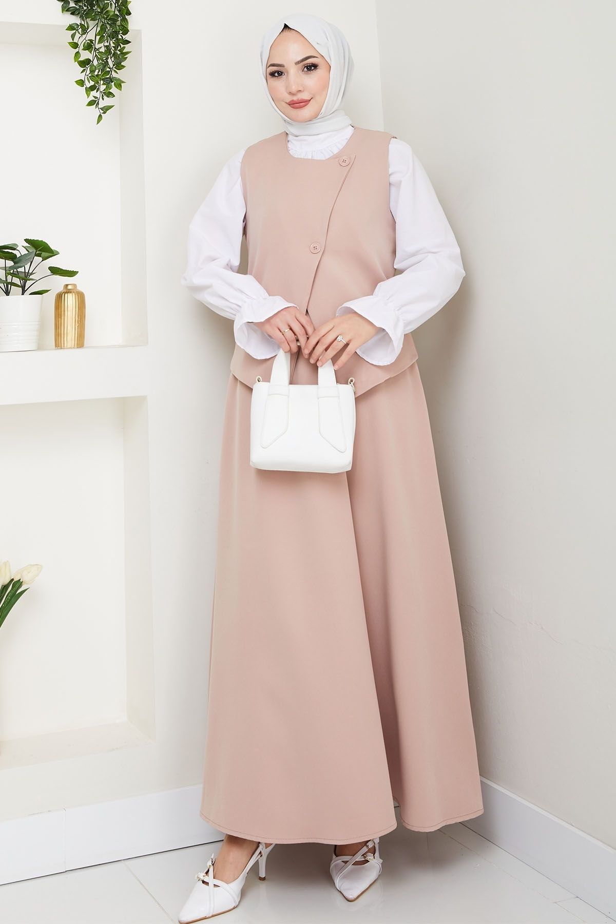 InStyle Asimetrik Yelekli ikili Takım Somon