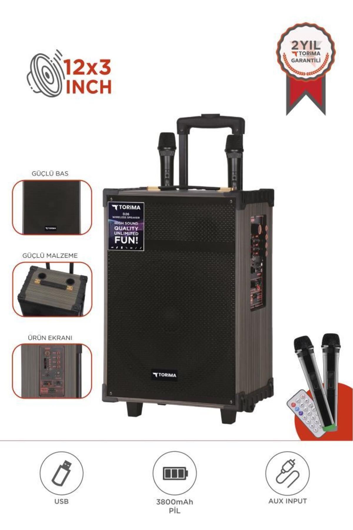 Torima D46 Kahverengi USB, TF, BT, TWS, FM Çift Mikrofonlu Hoparlör Parti Speaker