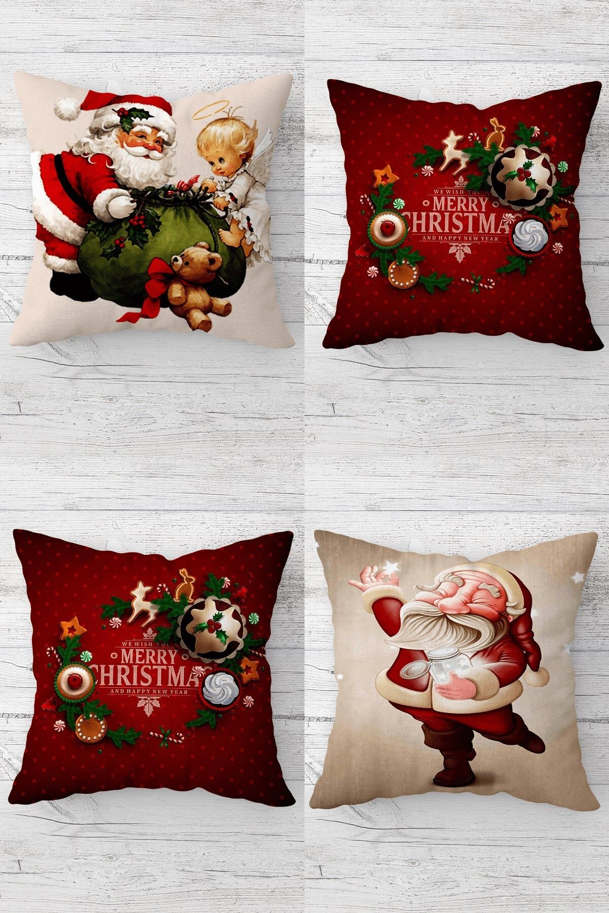 MENTEŞ HOME Noel Baba Christmas Yılbaşı Gizli Fermuarlı Kırlent Kılıfı Koltuk Yastık Kılıfı Takım(4ADET)