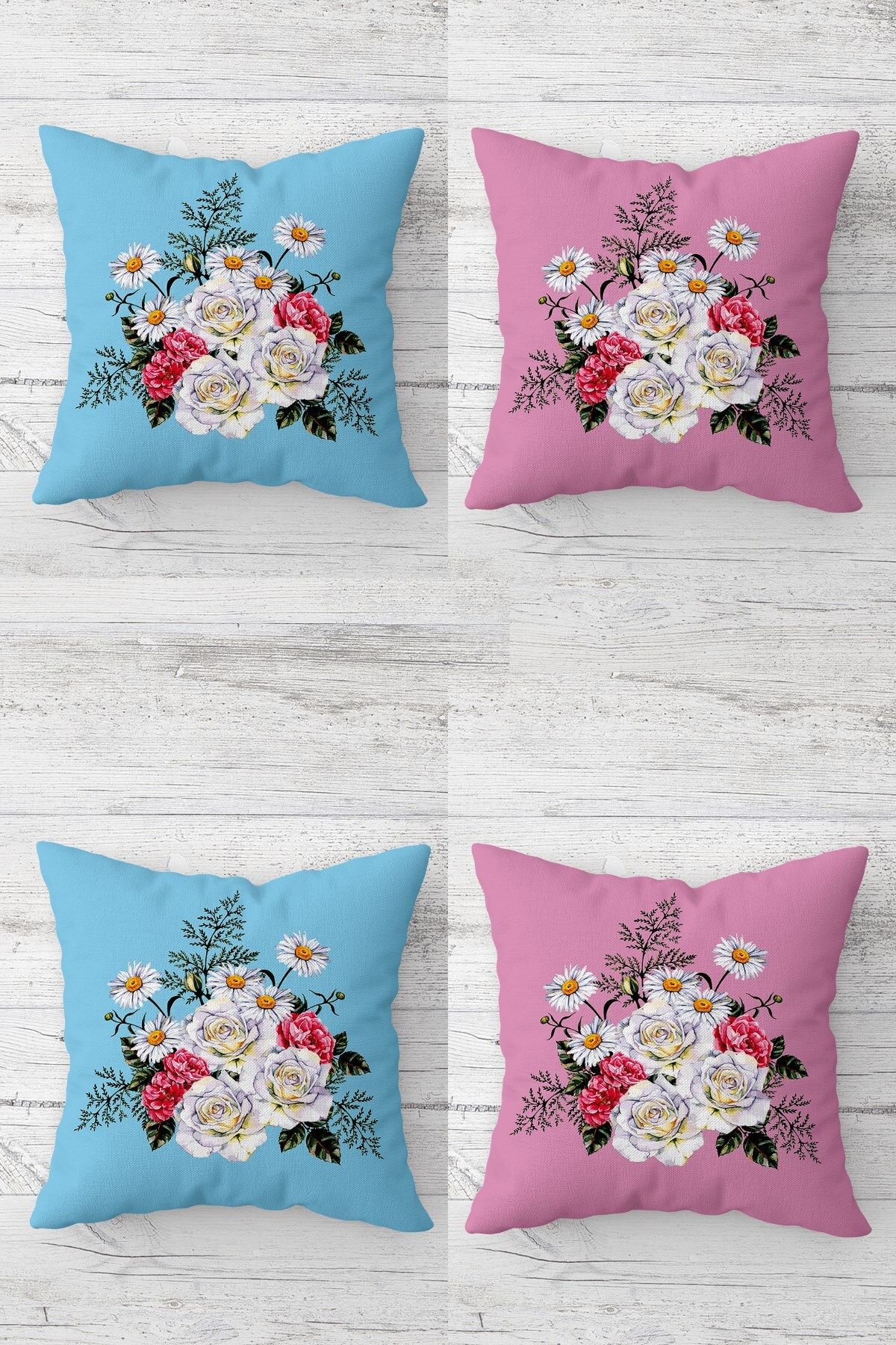 MENTEŞ HOME Gül Buketi ve Papatya Vintage Gizli Fermuarlı Kırlent Kılıfı Koltuk Yastık Kılıfı Takım(4ADET)