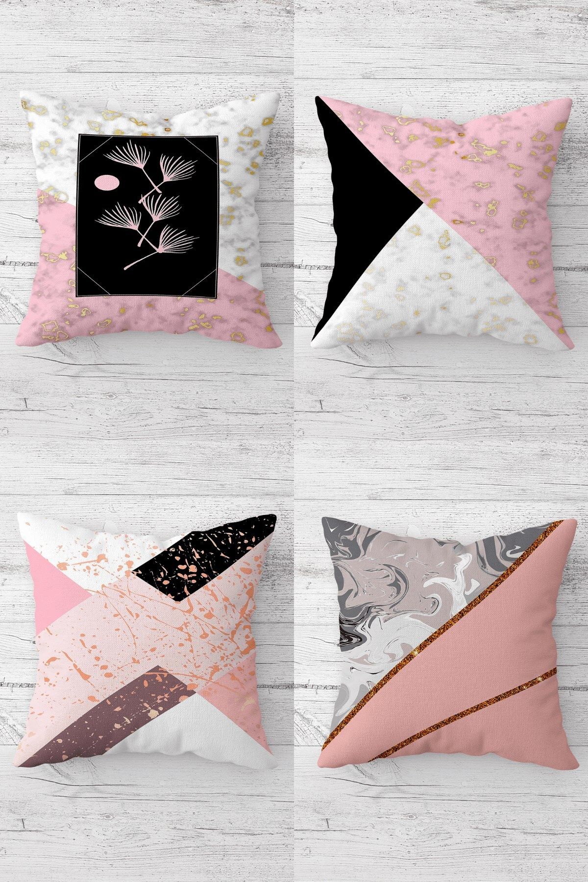 MENTEŞ HOME Pembe Geometrik Üçgen Desenli Gizli Fermuarlı Kırlent Kılıfı Koltuk Yastık Kılıfı Takım(4ADET)