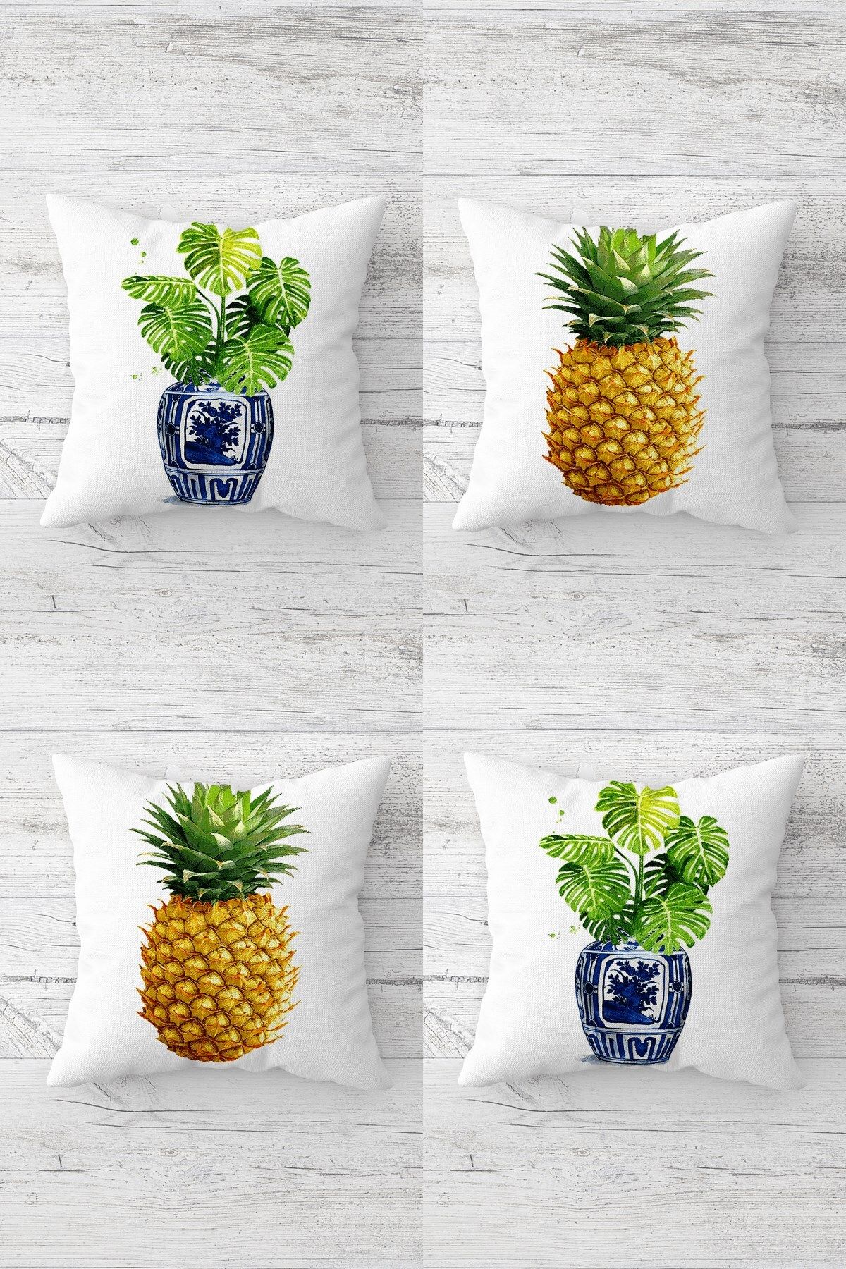 MENTEŞ HOME Ananas ve Tropikal Yapraklar Desen Gizli Fermuarlı Kırlent Kılıfı Koltuk Yastık Kılıfı Takım(4ADET)