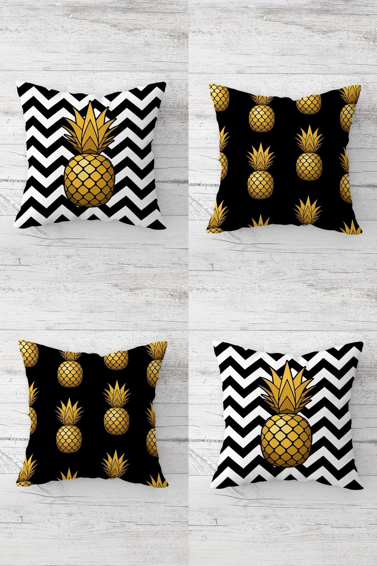 MENTEŞ HOME Ananas ve Tropikal Meyve Desenli Gizli Fermuarlı Kırlent Kılıfı Koltuk Yastık Kılıfı Takım(4ADET)