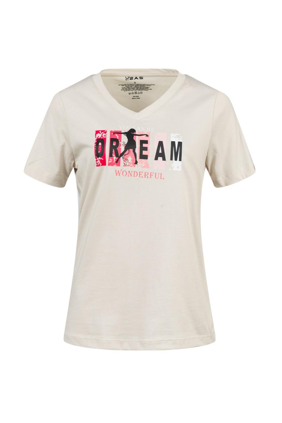 2AS Alone Baskılı V Yaka Kadın T-Shirt 404