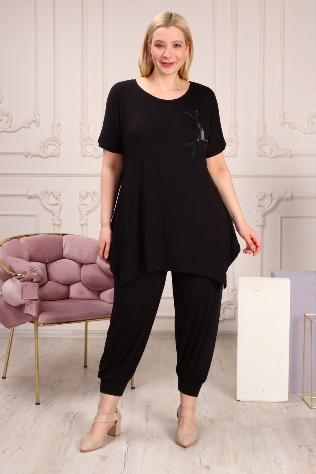 BİrHoşButik BÜYÜK BEDEN FULL LİKRALI SALAŞ BİSİKLET YAKA PAÇASI ŞALVARLI TAŞLI SEZONLUK TER YAPMAZ KADIN TAKIM