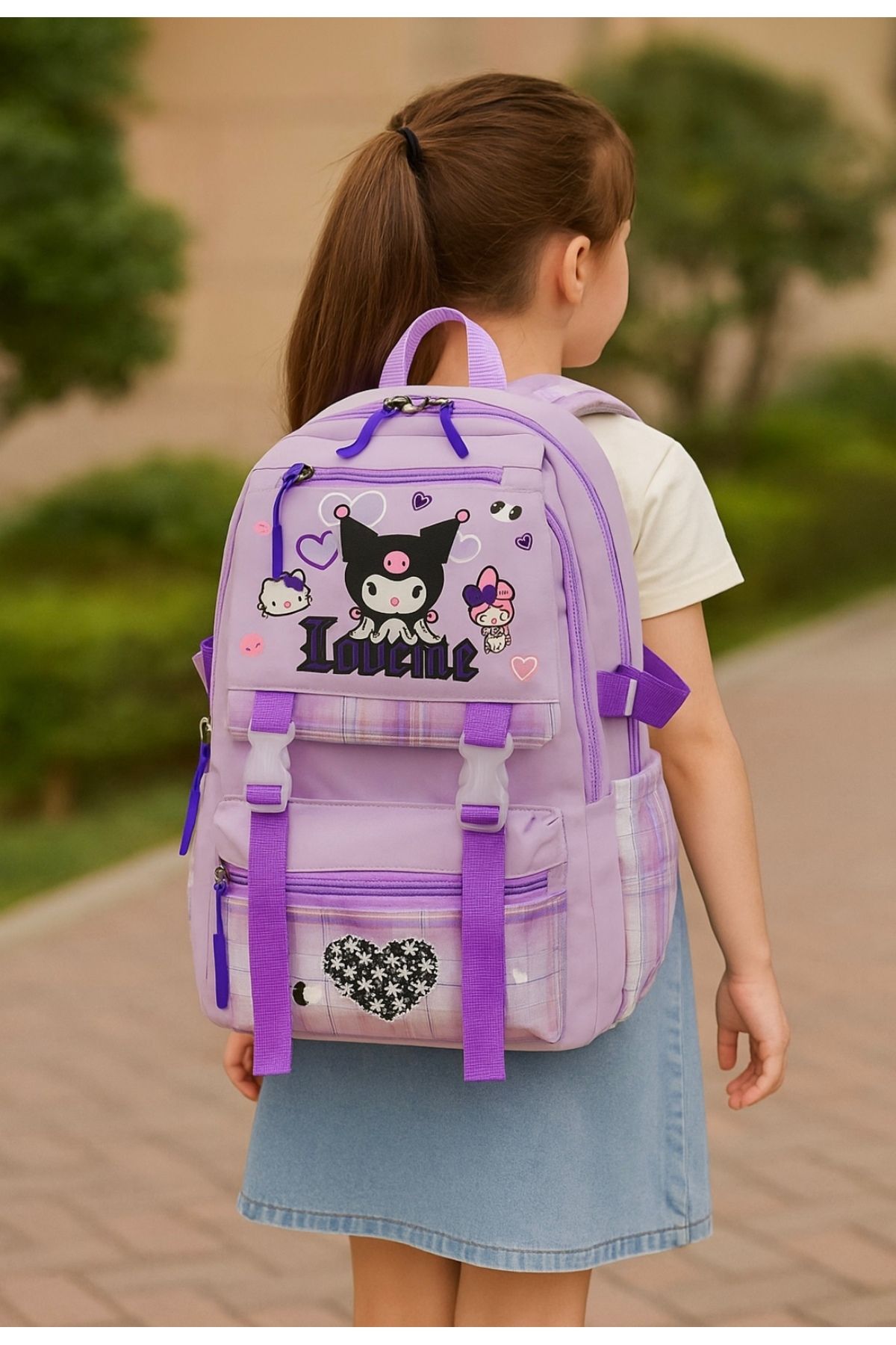 JOJO KIDS kız çocuk kuromi ilkokul sırt çantası , su geçirmez çanta , 3 lü set