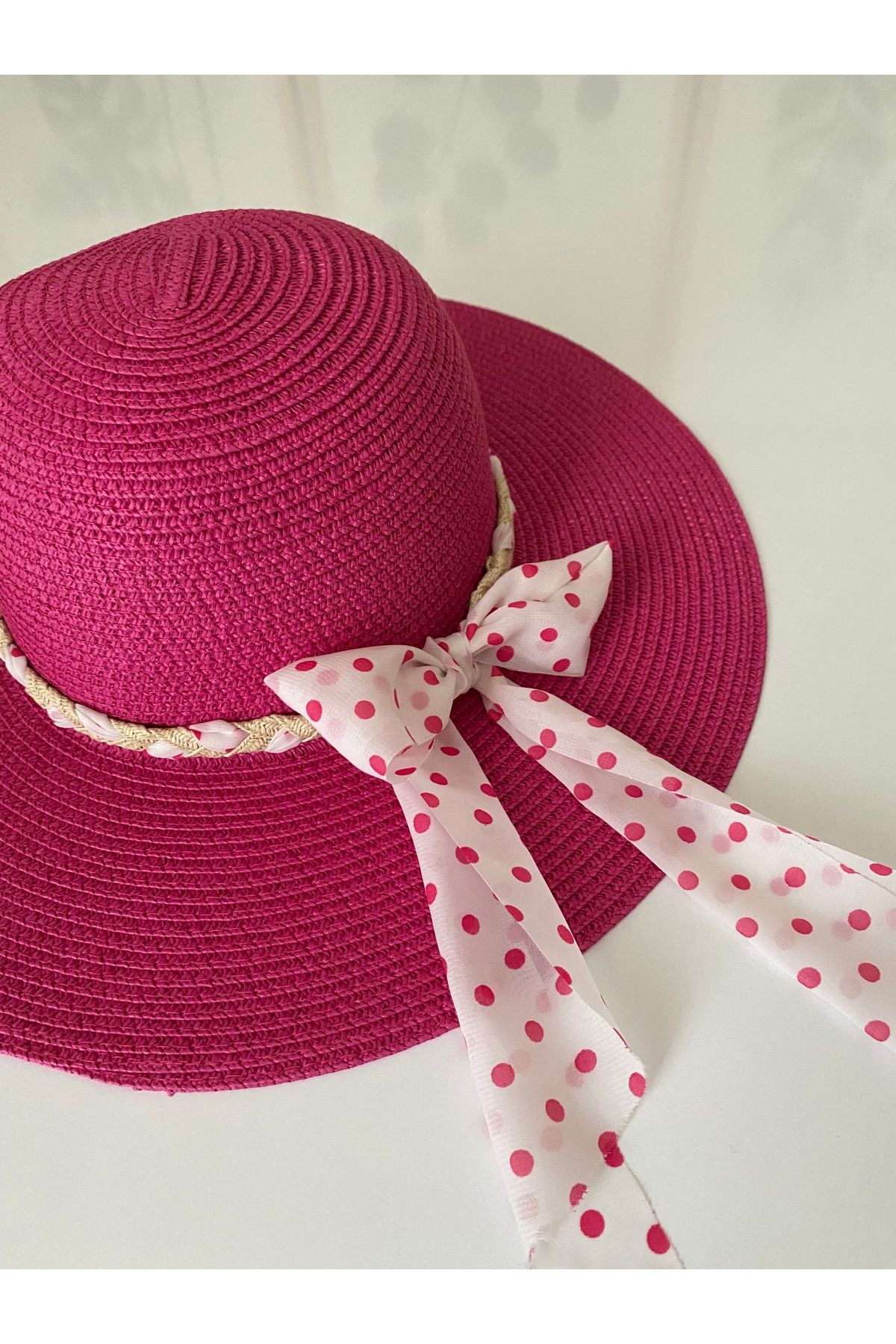 Petek Collection Fiyonklu Fuşya Pembe Hasır Plaj Şapkası
