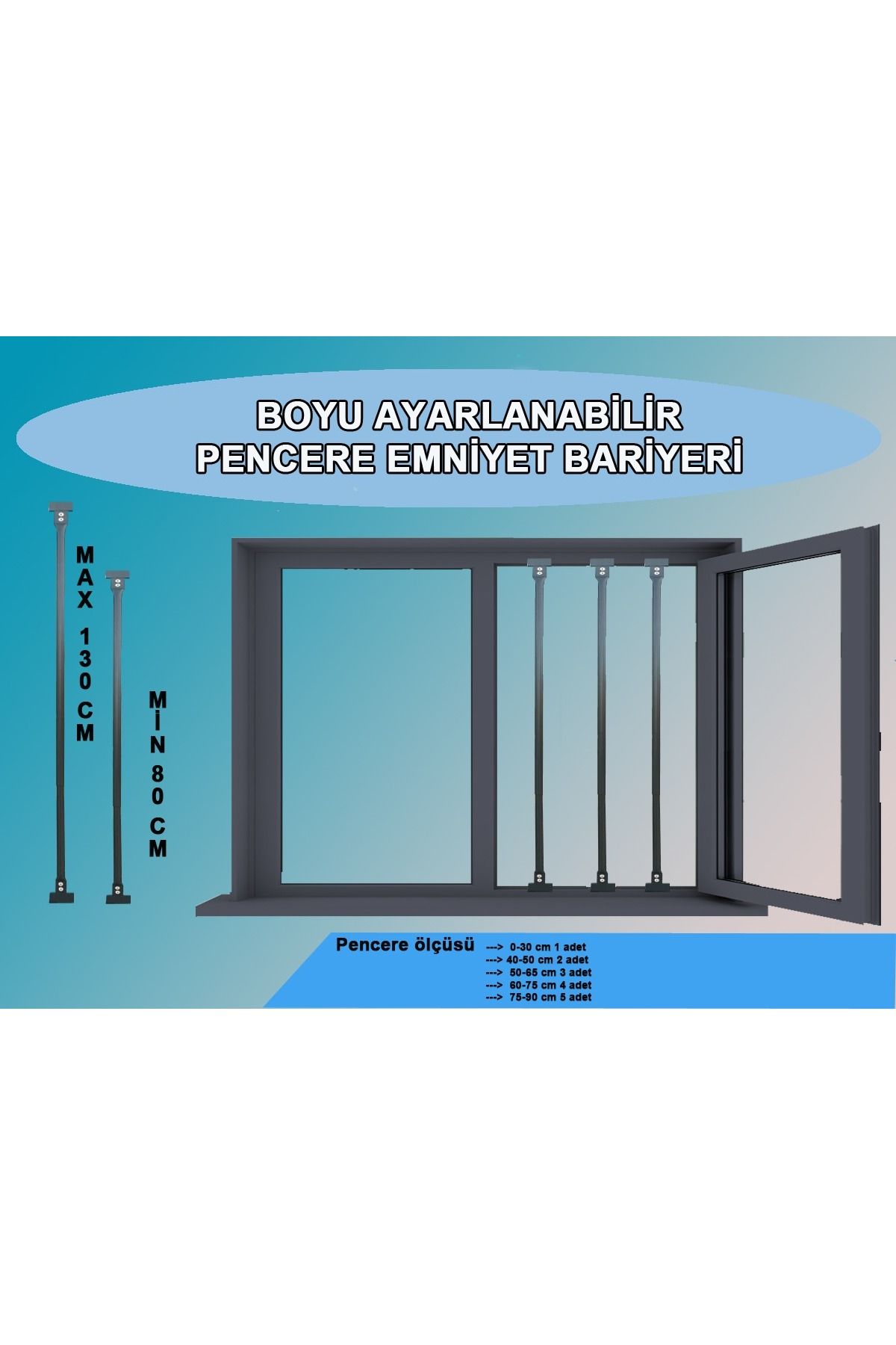 Tuncel Teknik ANTRASİT RENK PENCERE GÜVENLİK BARİYERİ-BOYU AYARLANABİLİR KORKULUK (80-130 CM )