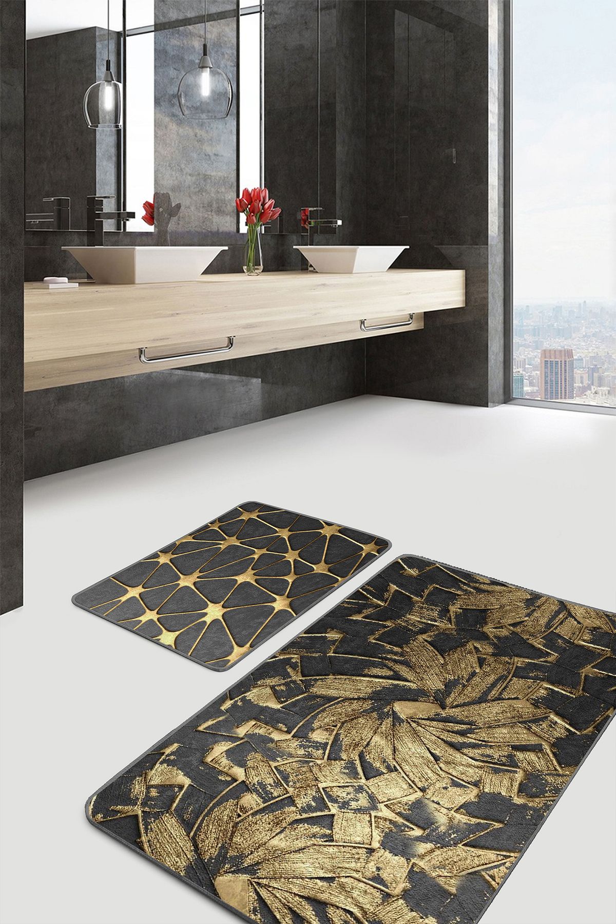 Realhomes Gold Detaylı Fırça Darbeleri 2'li Banyo Paspas Seti & Klozet Paspas Takımı