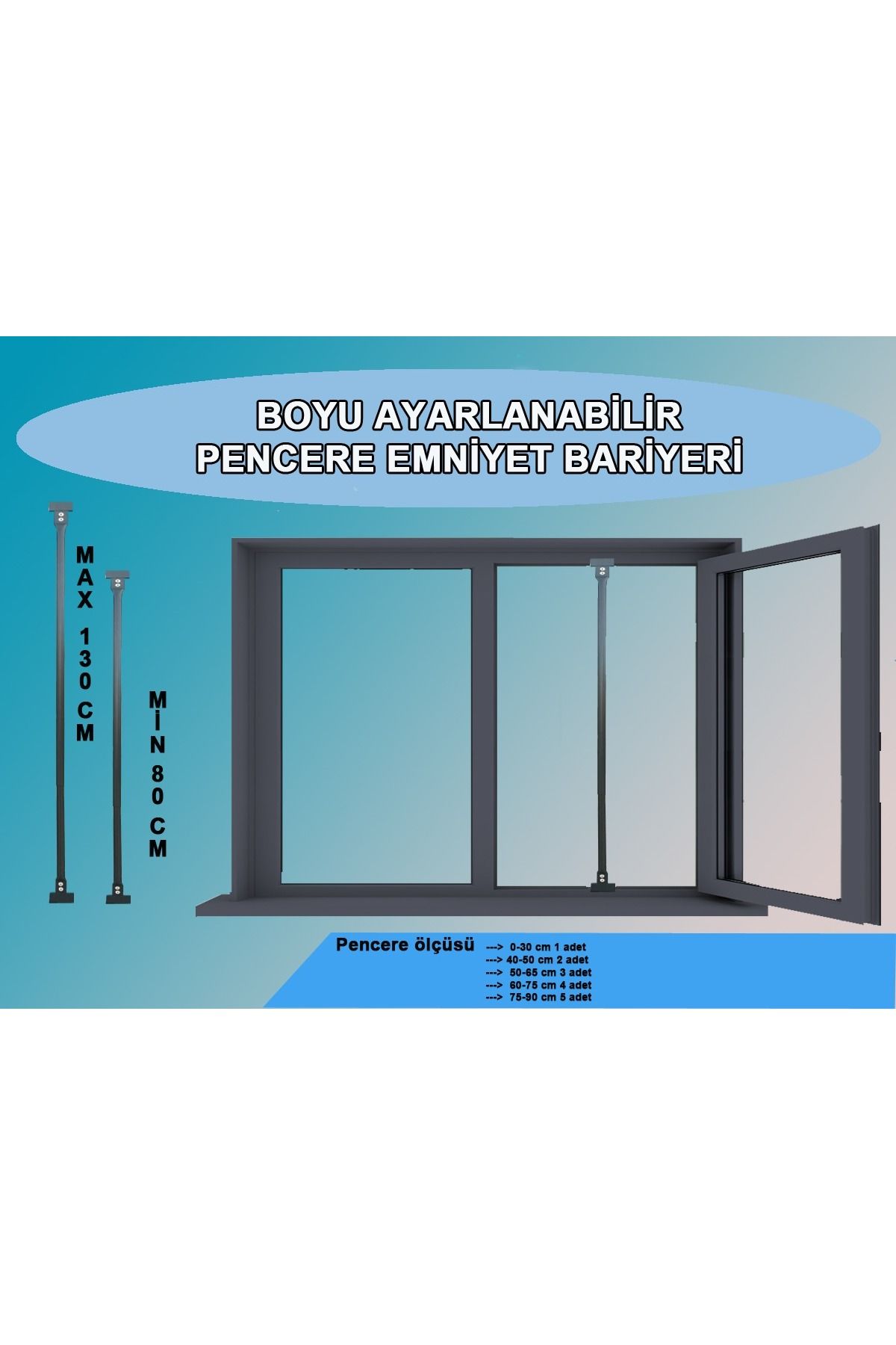 Tuncel Teknik ANTRASİT RENK PENCERE GÜVENLİK BARİYERİ-BOYU AYARLANABİLİR KORKULUK (80-130 CM )