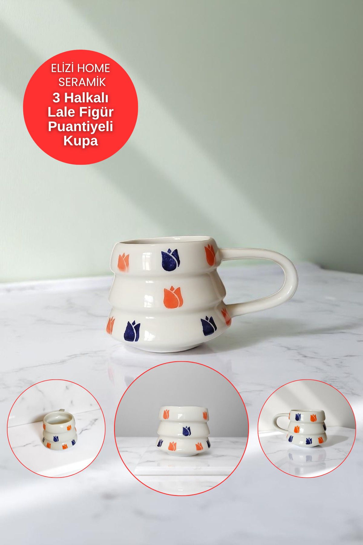 REAY HOME El Yapımı Seramik Lale Figürlü 3 Halkalı Handmade Mug Kupa Fincan Tasarım Mug Kupa Fincan
