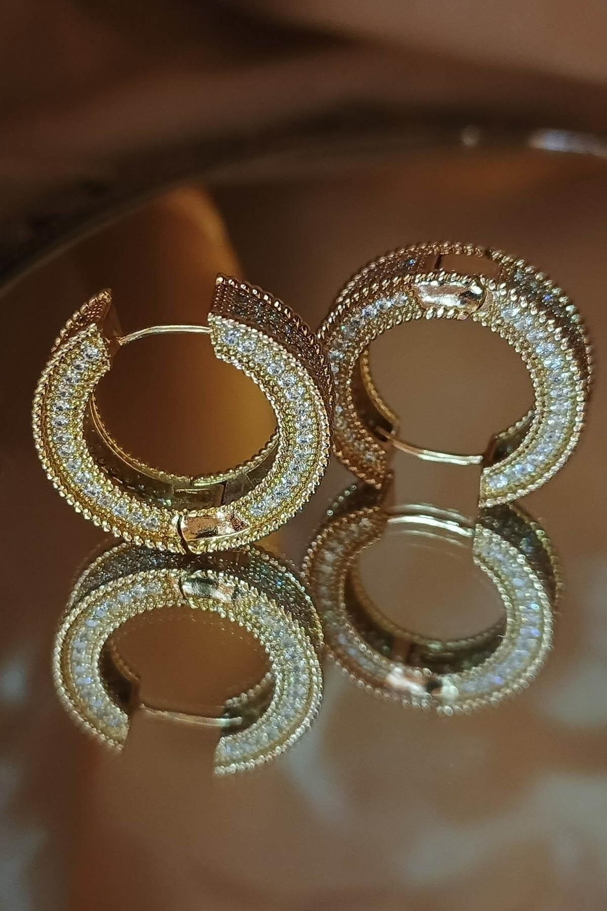 Eswomes Full Taşlı Halka Küpe Gold