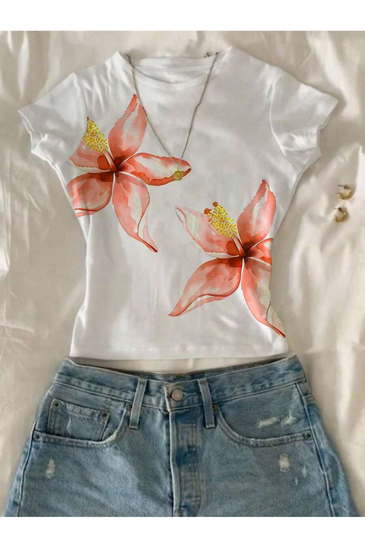 ACTIVE MODA Kadın Çiçek Baskılı Likralı Kısa Kol Body Tee Crop