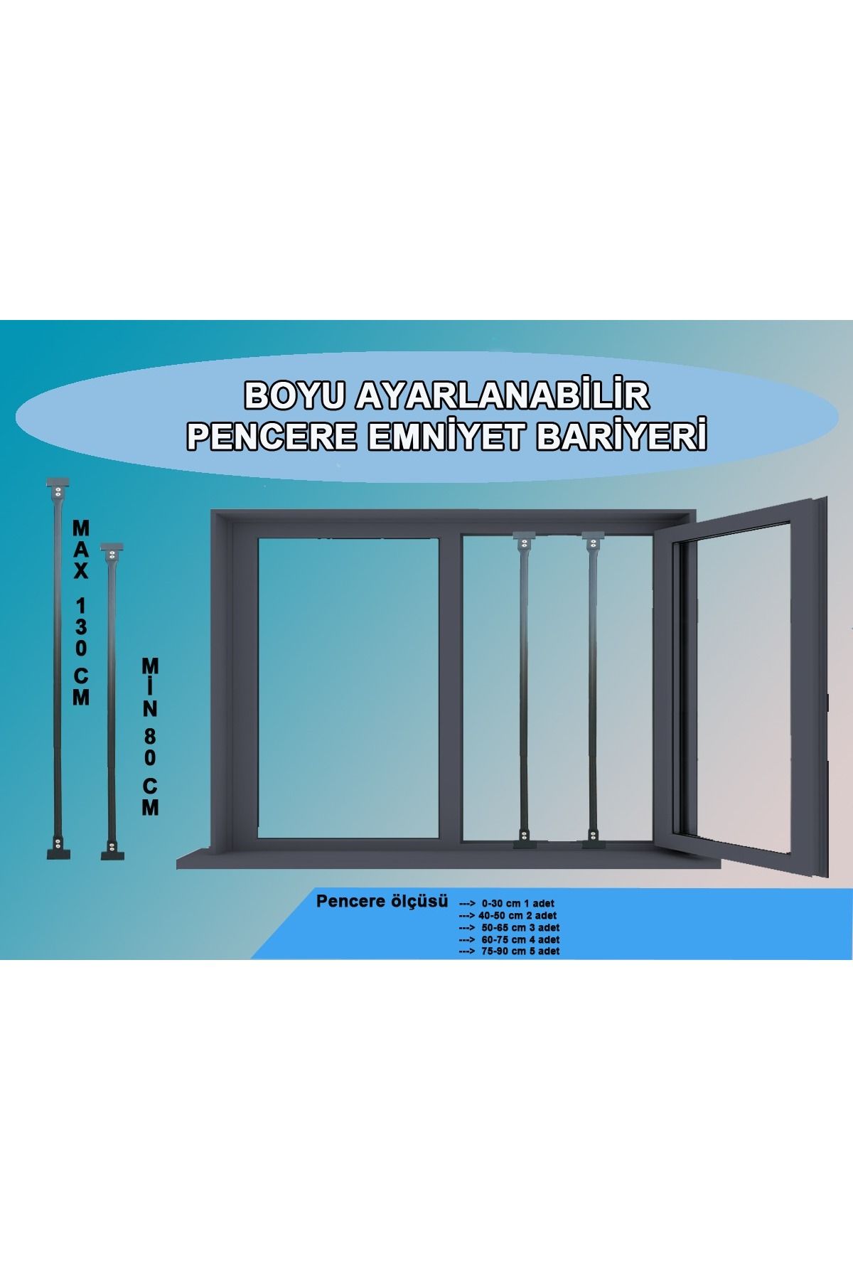 Tuncel Teknik ANTRASİT RENK PENCERE GÜVENLİK BARİYERİ-BOYU AYARLANABİLİR KORKULUK (80-130 CM )
