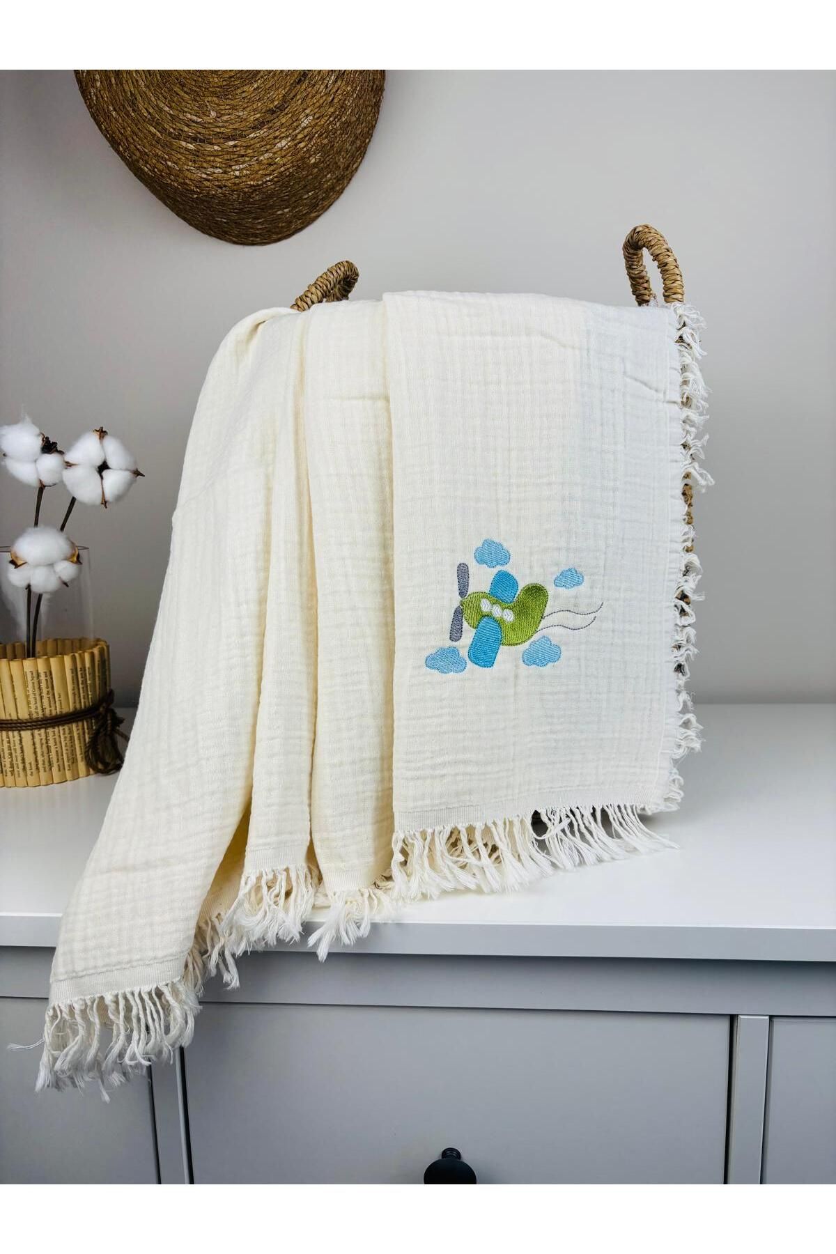 NOİSY TEKSTİL Ekru Müslin %100 Pamuk 4 Katlı Nakışlı Müslin Bebek Battaniyesi Çok Amaçlı Örtü 110x110 CM OEKO-TEX