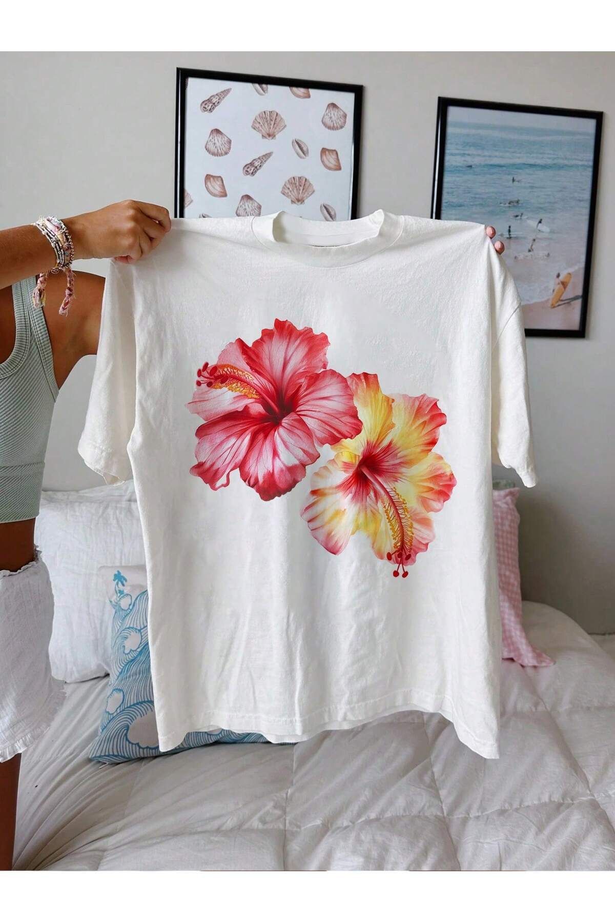 JANSO GROUP Oversize Hibiscus Çicek Baskılı Bisiklet Yaka T-Shirt