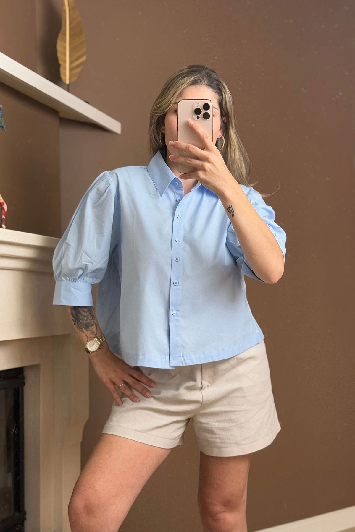 GİZEM SALMAN Crop Gömlek Mavi