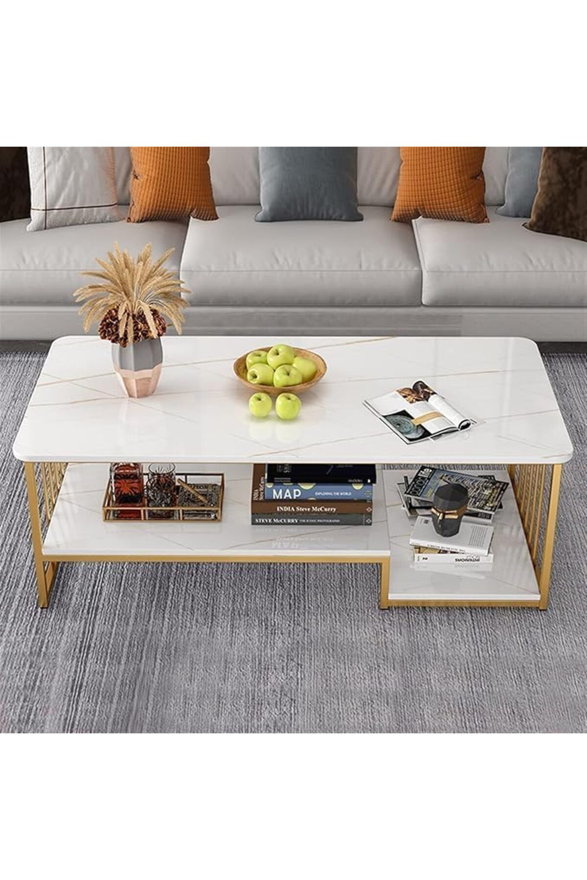 Vital-Coffee Table with Storage, Rectangular Sofa Tables Open Shelf for Living Room, Center Marble F 5