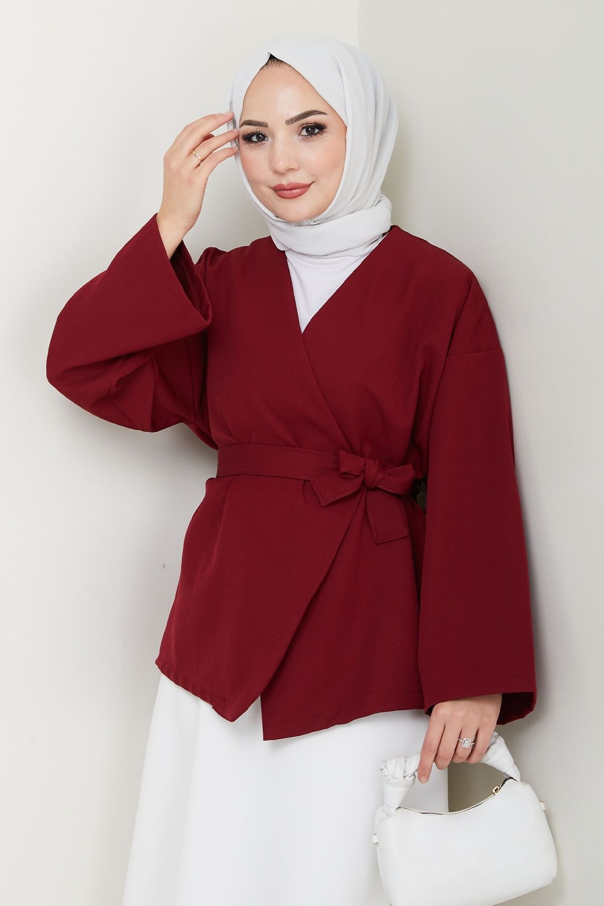 InStyle Kuşaklı Tek Düğmeli Double Kimono Bordo