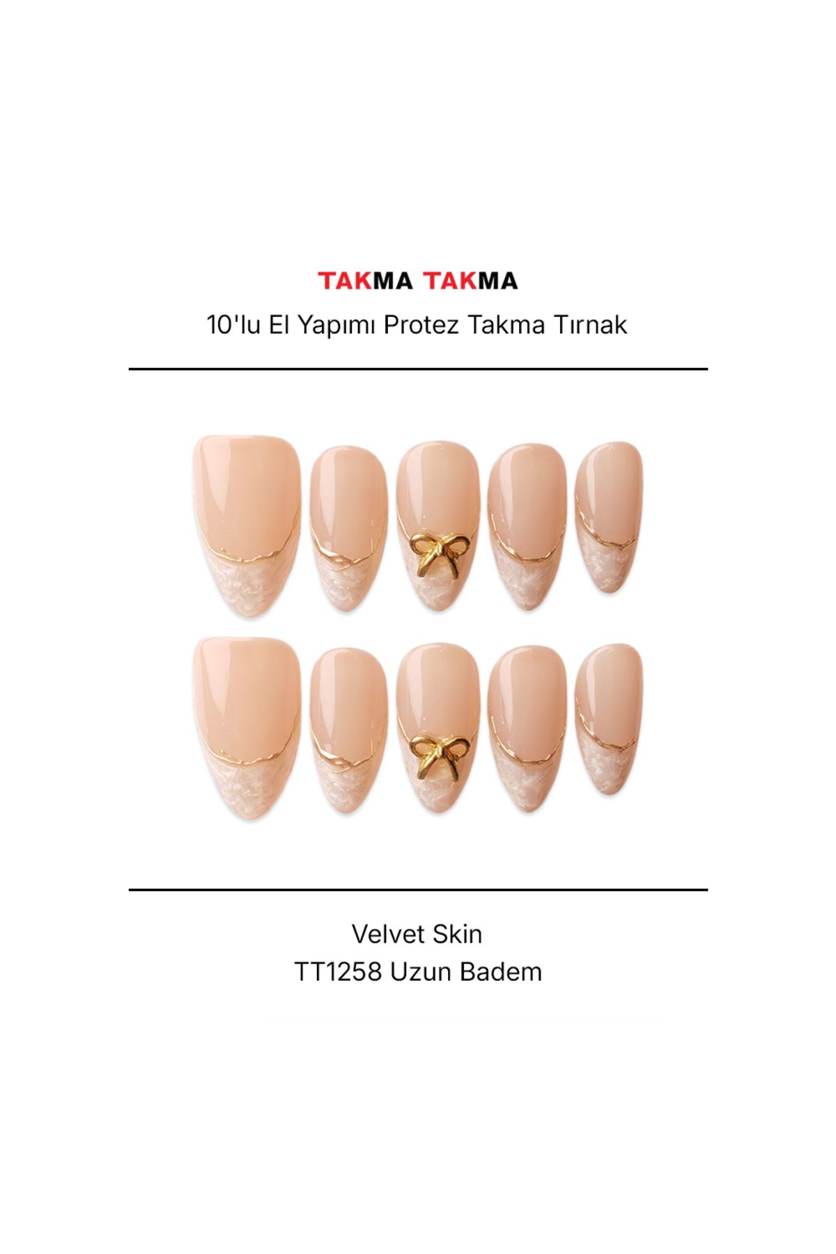 Takma Takma TT1258 - Velvet Skin - 10'lu Tekrar Kullanılabilir El Yapımı Protez Takma Tırnak XS-Ten Rengi