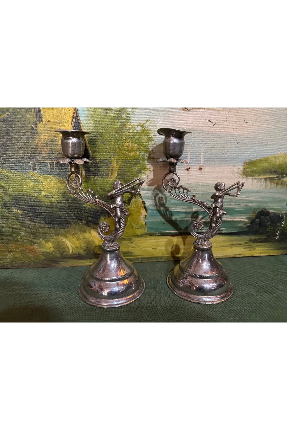 tayfuntufan antika koleksiyon 18 cm boylarında bir çift avrupa metal şamdan