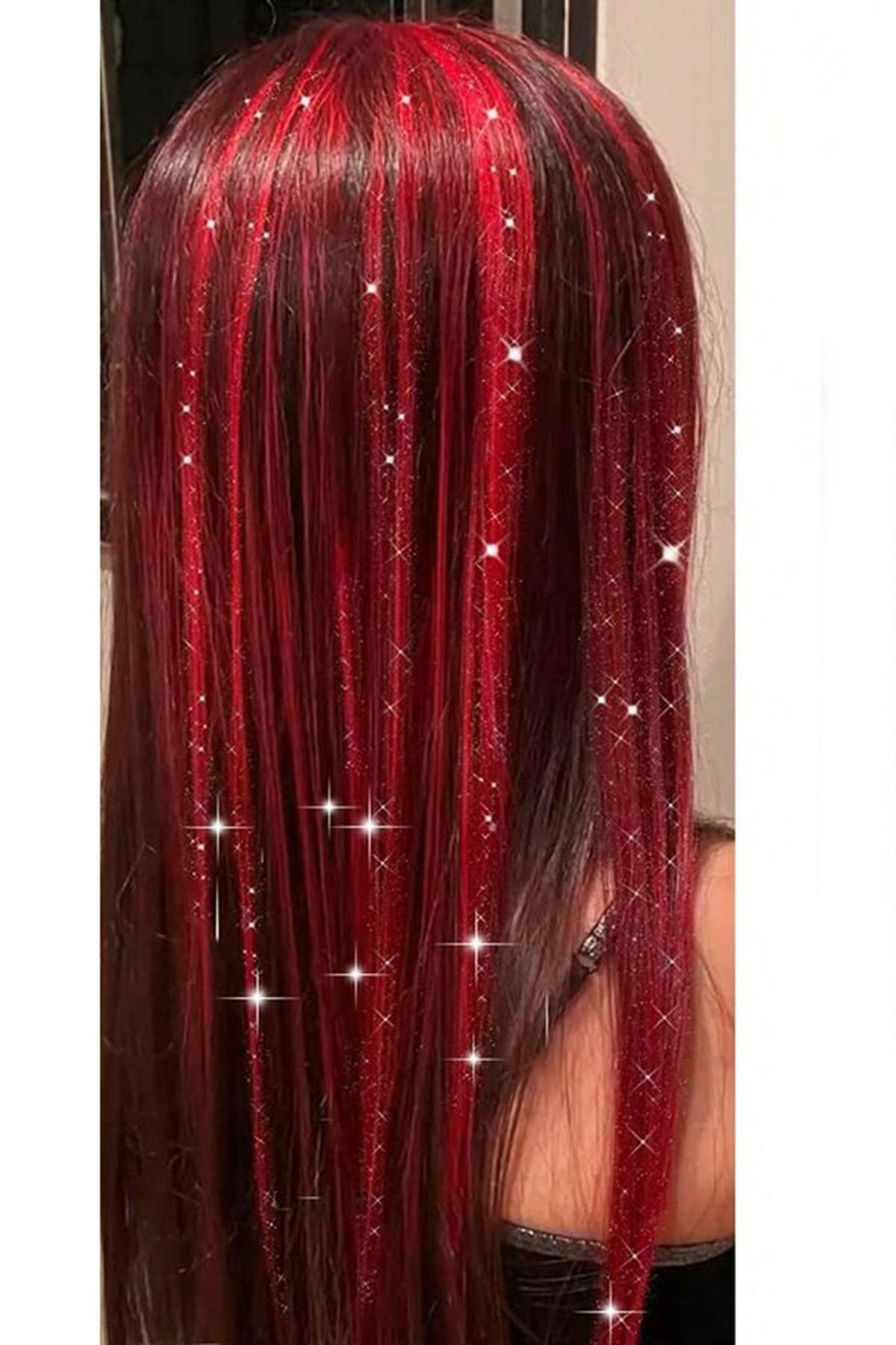 TAKIŞTIR Kırmızı Renk Simli Yan Postiş Hair Tinsel Shiny Hair (50 Cm)