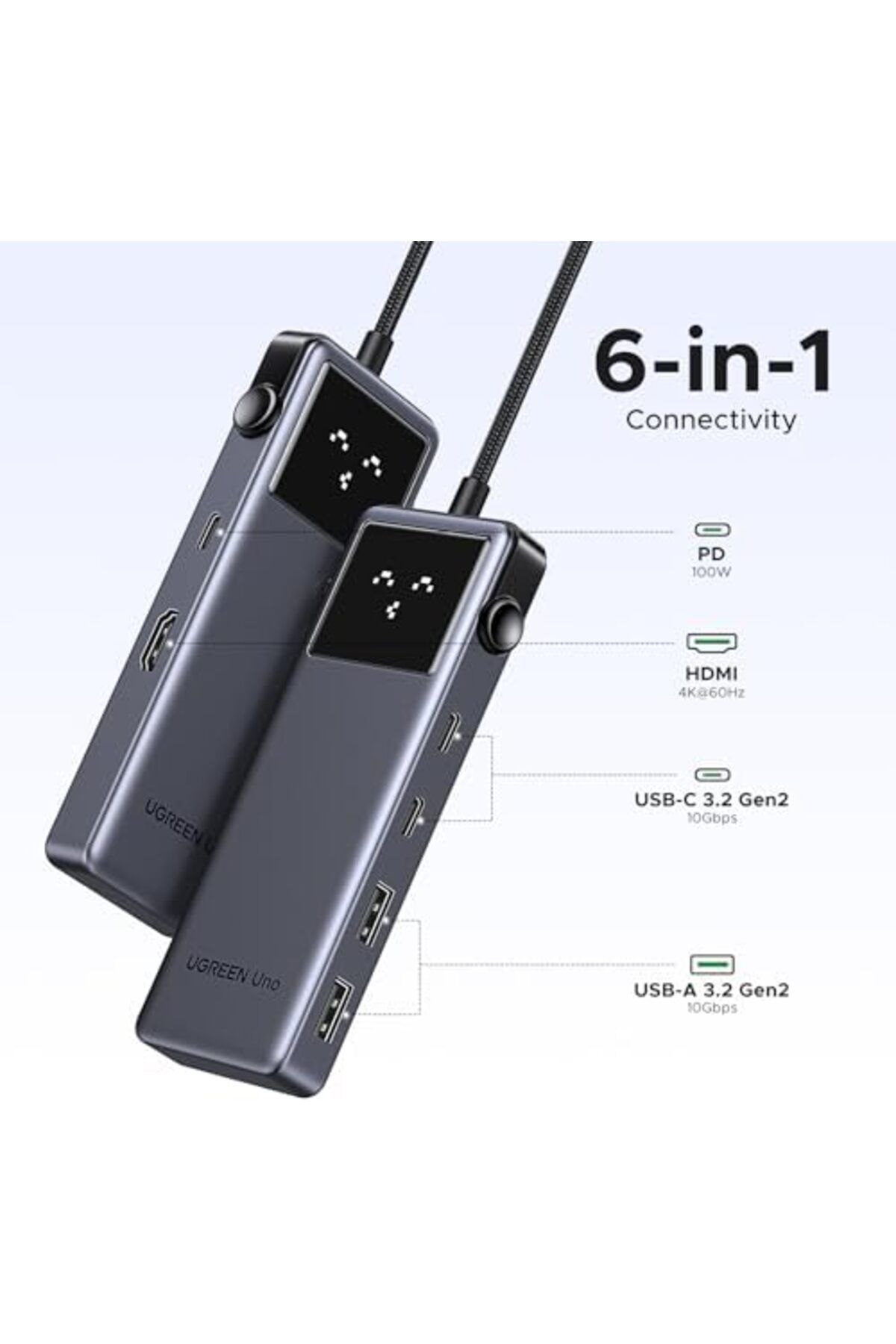 Ugreen-Uno 6 in 1 USB C Hub 3.2 with 10Gbps Type C & USB A Gen 2 Data Transfer Ports 100W PD 4K@60Hz 4