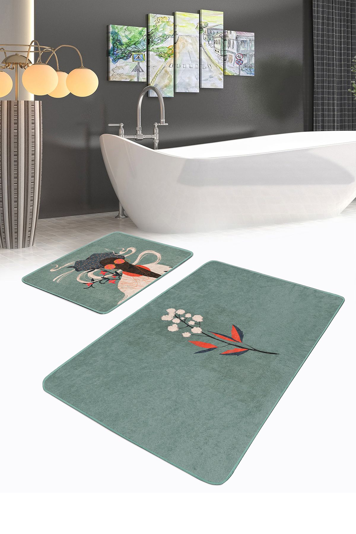Realhomes Yeşil Zemin Çiçek Detaylı 2'li Banyo Paspas Seti & Mutfak Paspas Takımı