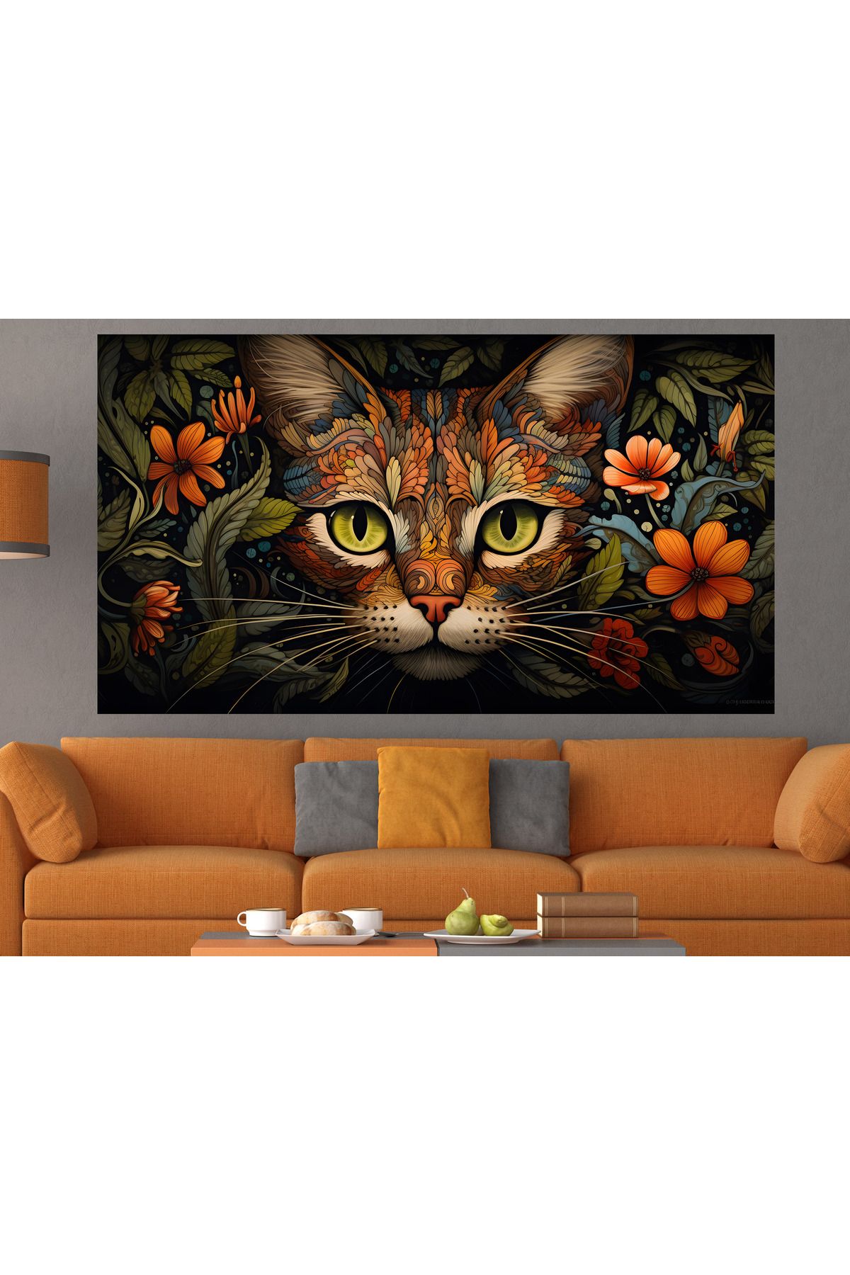 ESLEM RENKLİ DESENLİ KEDİ TABLO