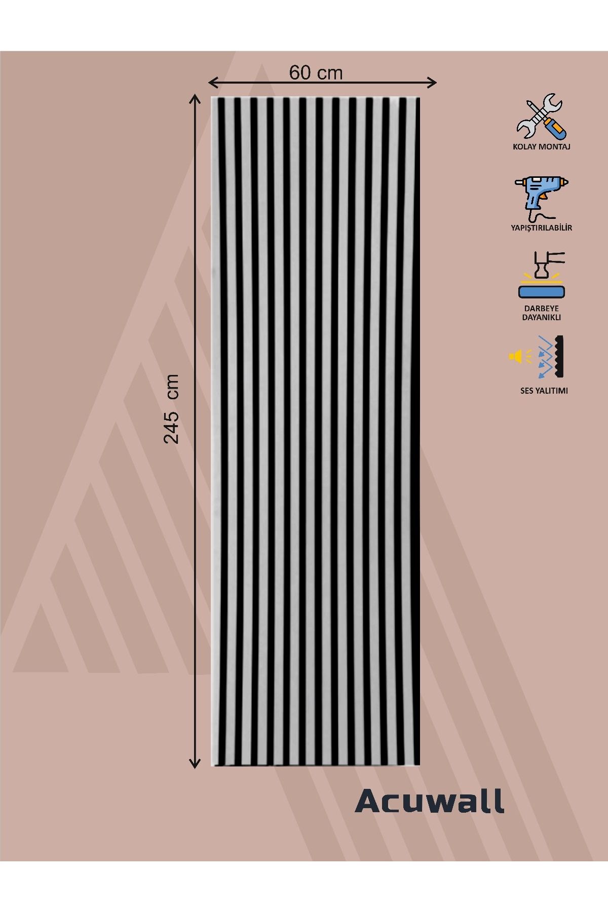 Acuwall Akustik Duvar Paneli-Vega Serisi-60cm*245cm-Beyaz-3mm Keçe+6mm Ahşap Çıta