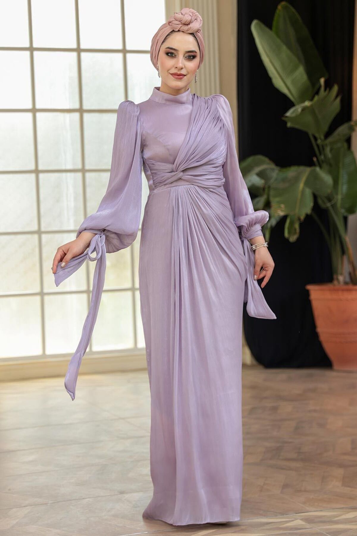 N.S NEVA STYLE Drape Detaylı Lila Tesettür Abiye Elbise 52285LILA