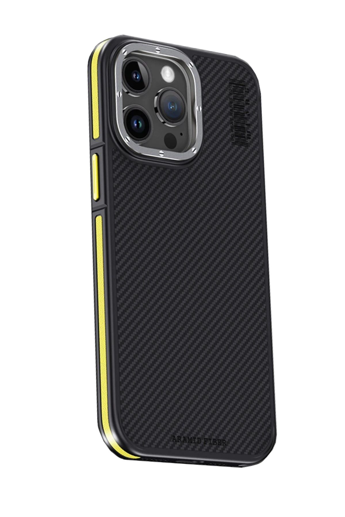 CepteToptan Joko iPhone 15 Pro Max Kılıf Aramid 600D Kevlar Karbon Fiber Magsafe Kapak - Sarı