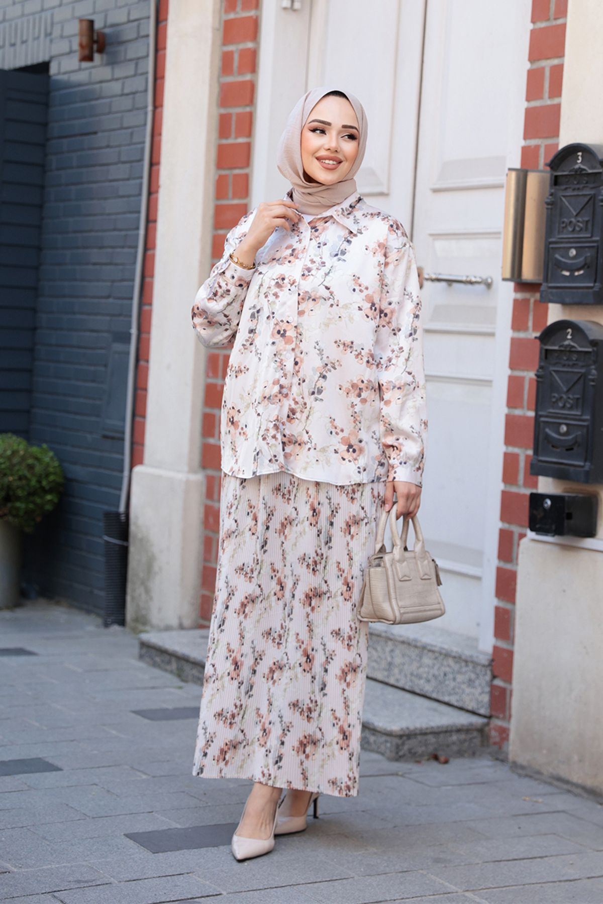 N.S NEVA STYLE-Patterned Mink Hijab Skirt Double Set 13027V 4