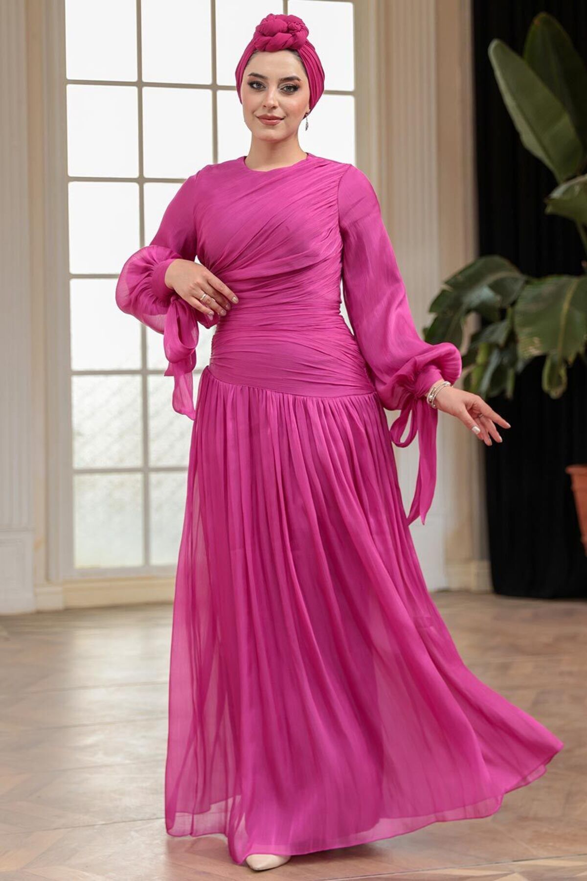 N.S NEVA STYLE Drape Detaylı Fuşya Tesettür Abiye Elbise 53631F